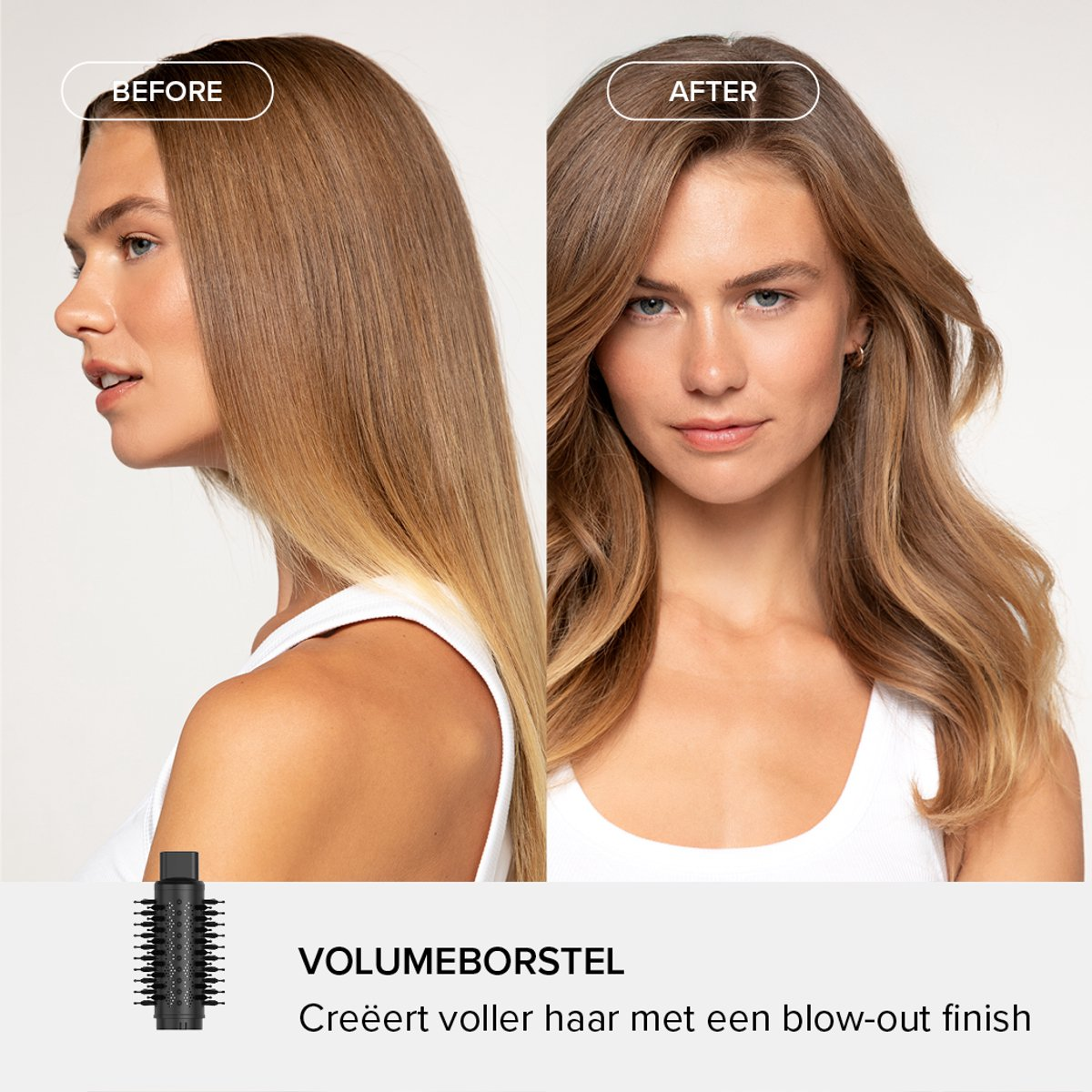 Before and after comparison of hair using a volumizing brush.