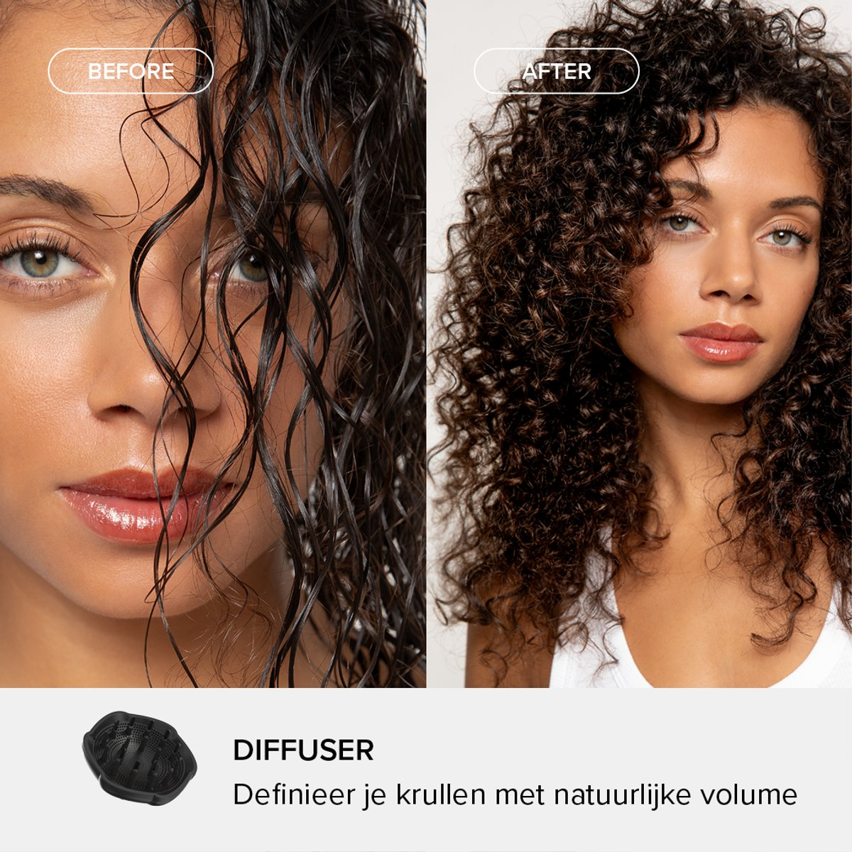 Before and after comparison of a woman with wet and curly hair, showing a diffuser.