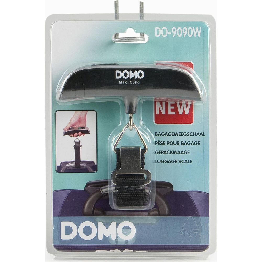Eine digitale Gepäckwaage von DOMO in schwarzem Gehäuse mit blauem Band.