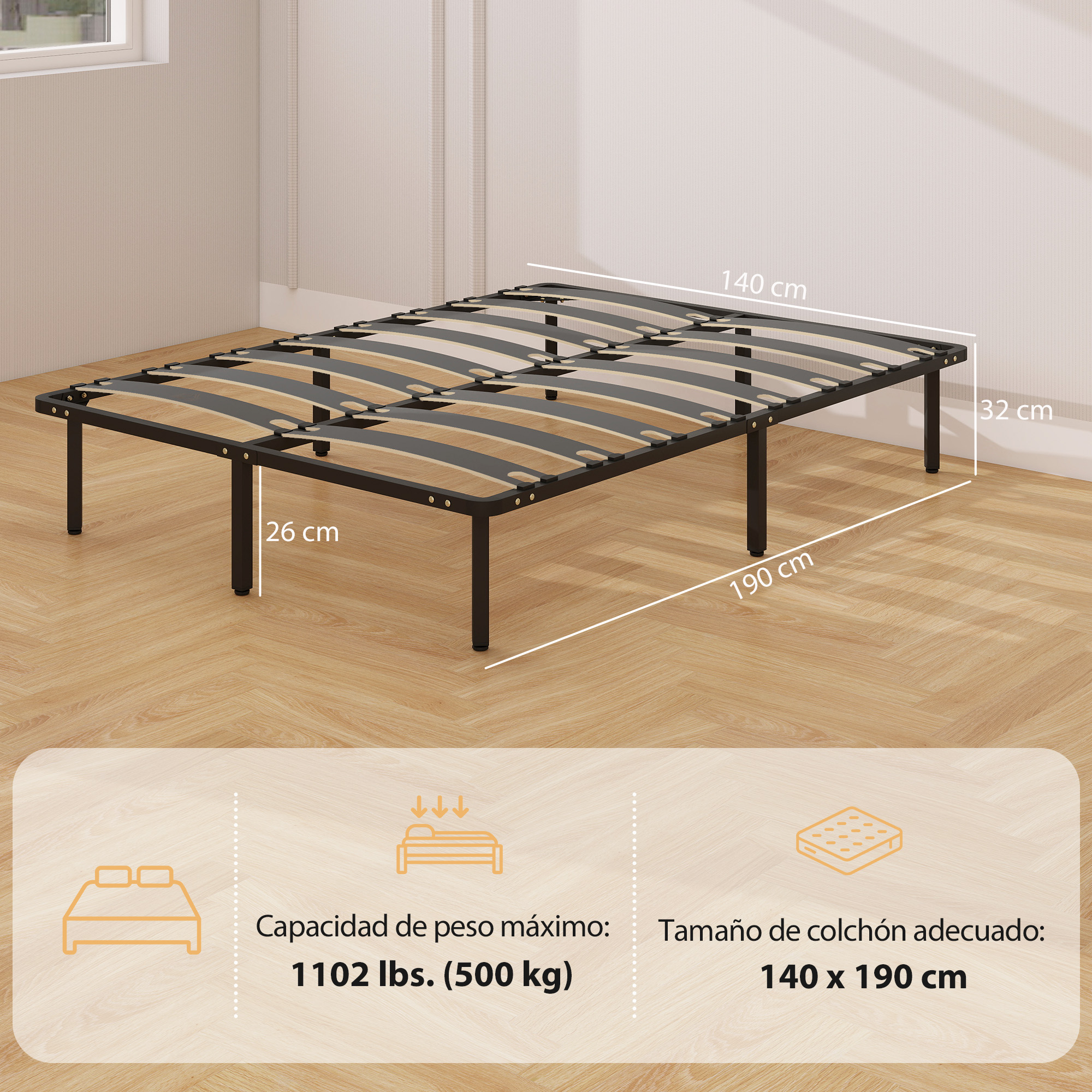 Base de cama de metal, tamaño 140x190cm, altura 32cm, altura patas 26cm.