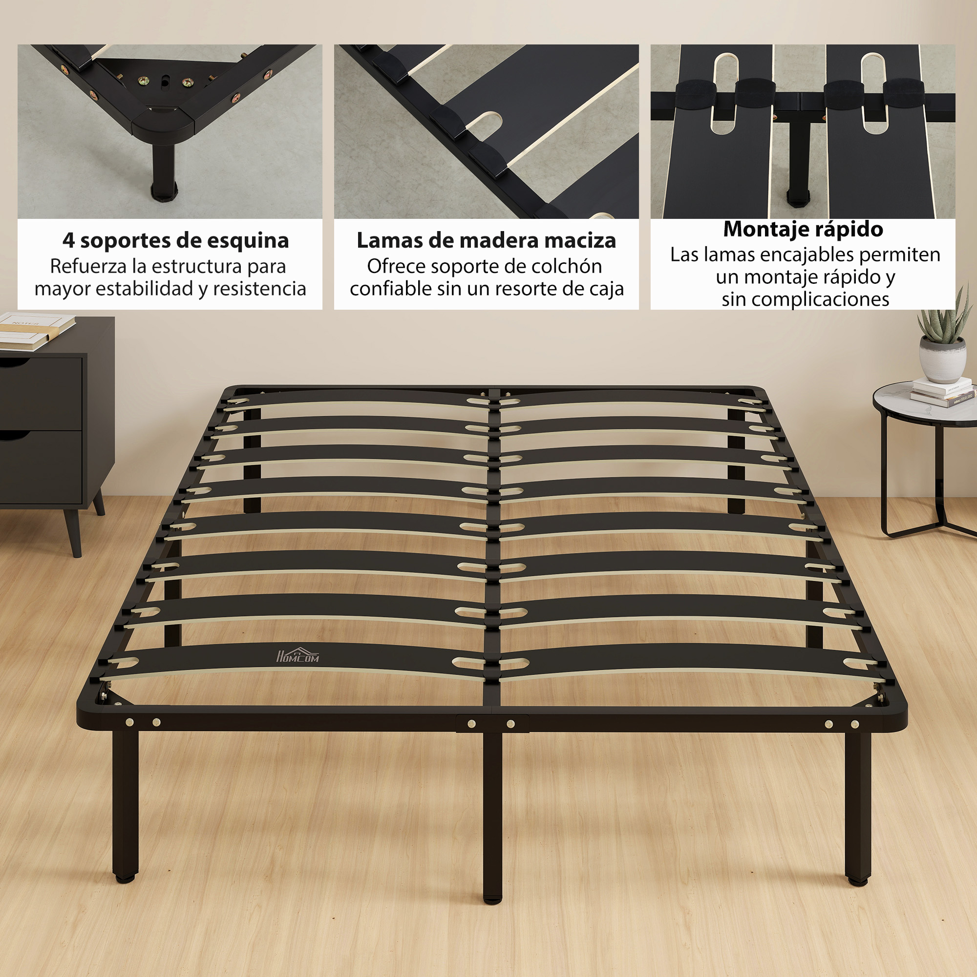 Base de cama metálica negra con lamas de madera y cuatro patas.