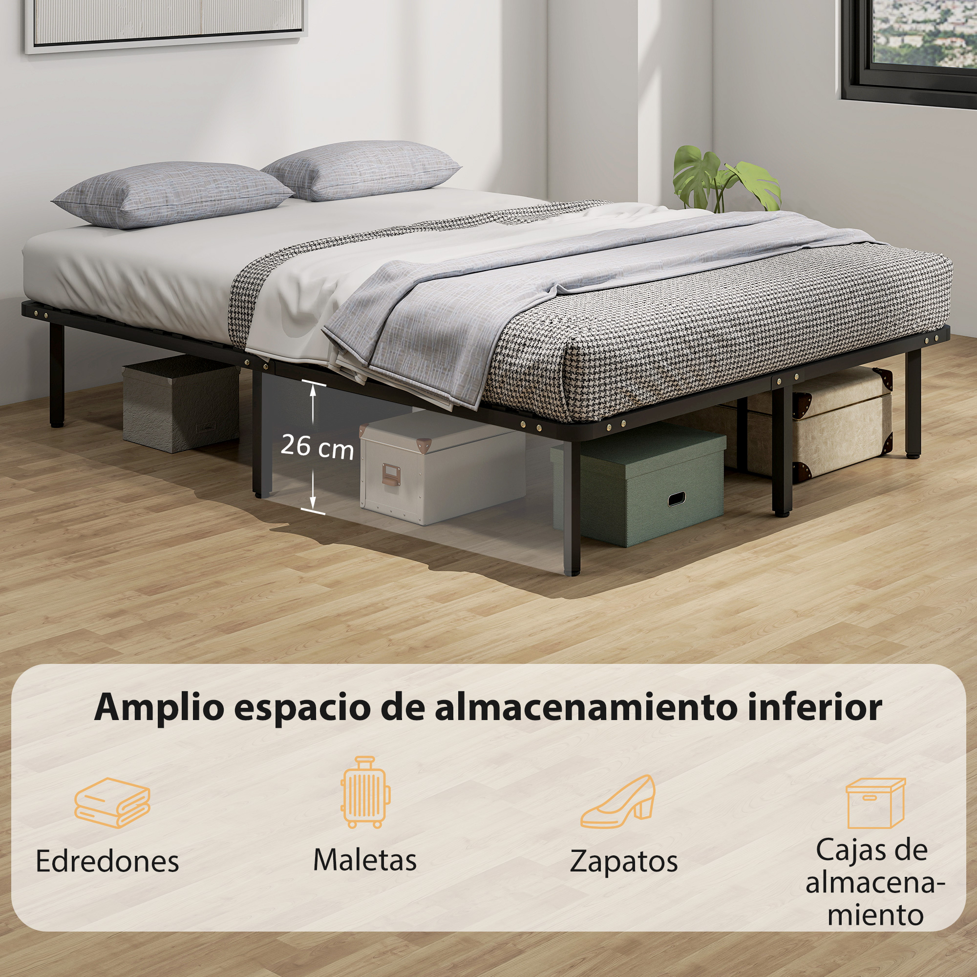 Estructura de cama negra con 26 cm de espacio libre, almacenaje debajo.