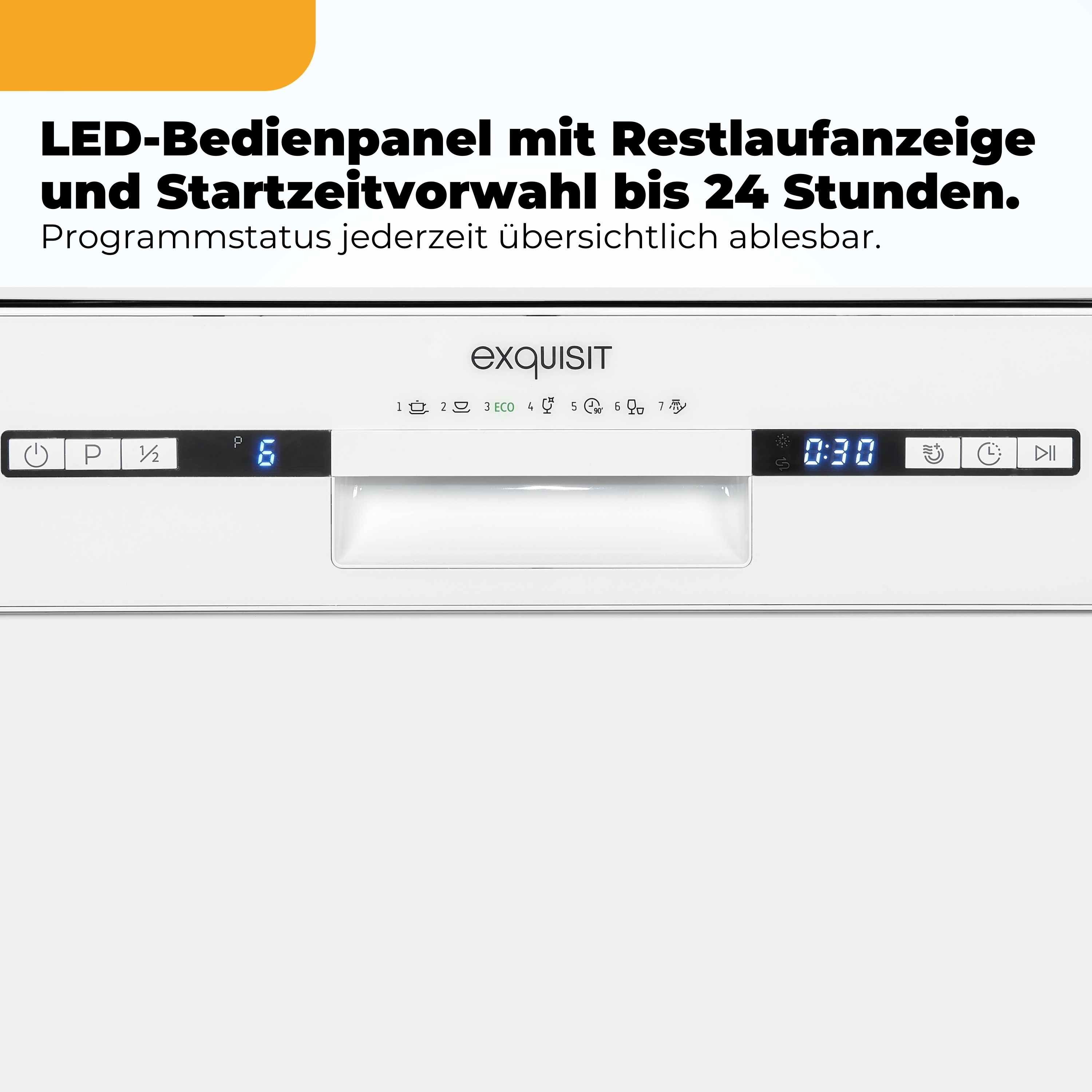 Geschirrspüler-Bedienfeld mit LED-Anzeige, Programmauswahl und Zeit.