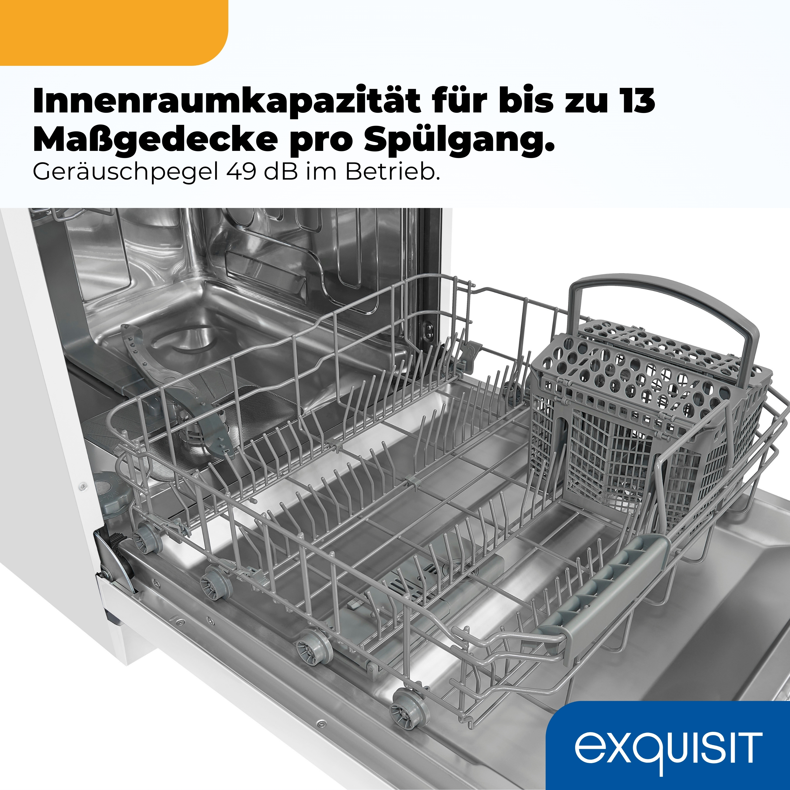Innenraum eines Geschirrspülers mit Körben und Besteckkorb. Kapazität 13 Maßgedecke.