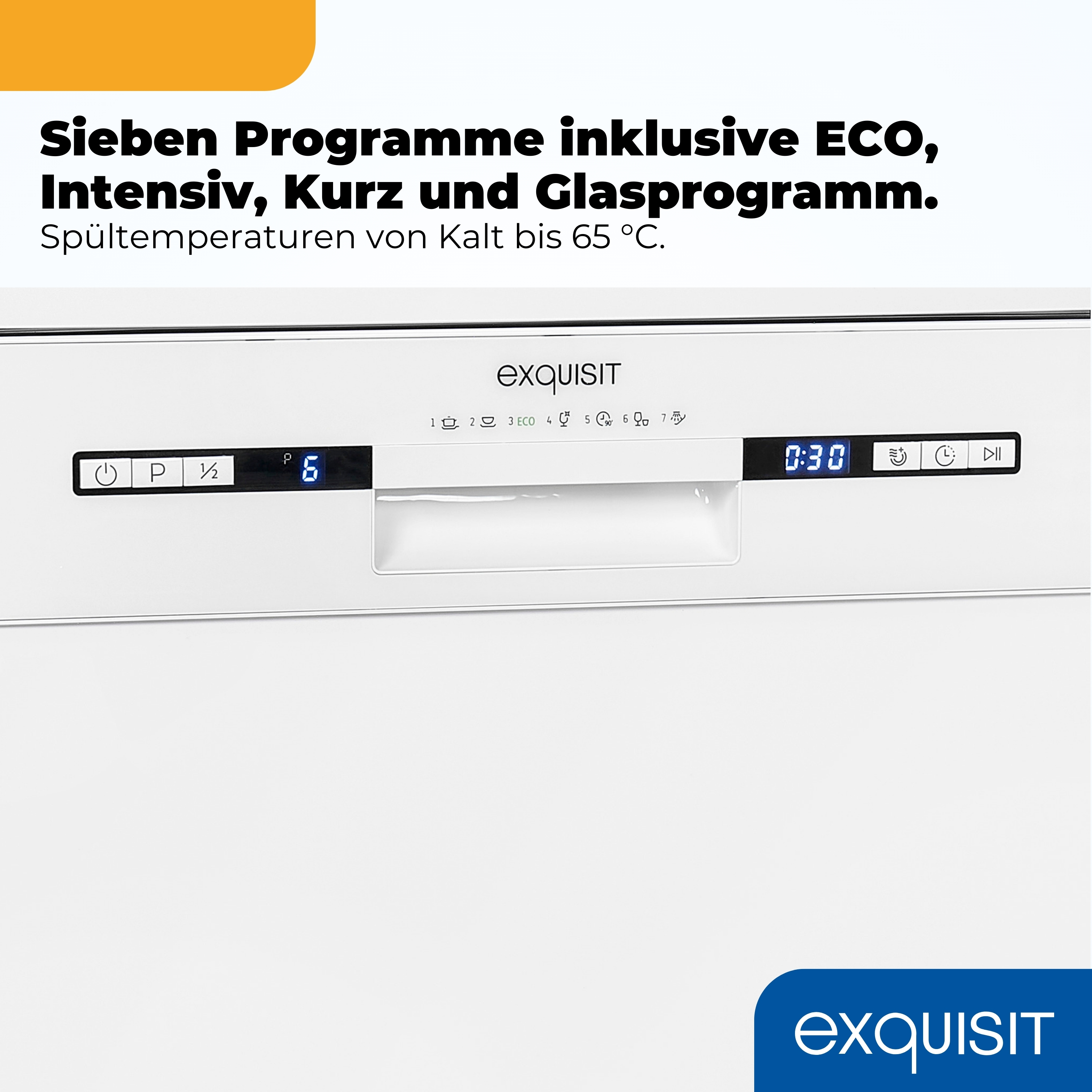 Geschirrspüler-Bedienfeld mit Programmauswahl und Timeranzeige.