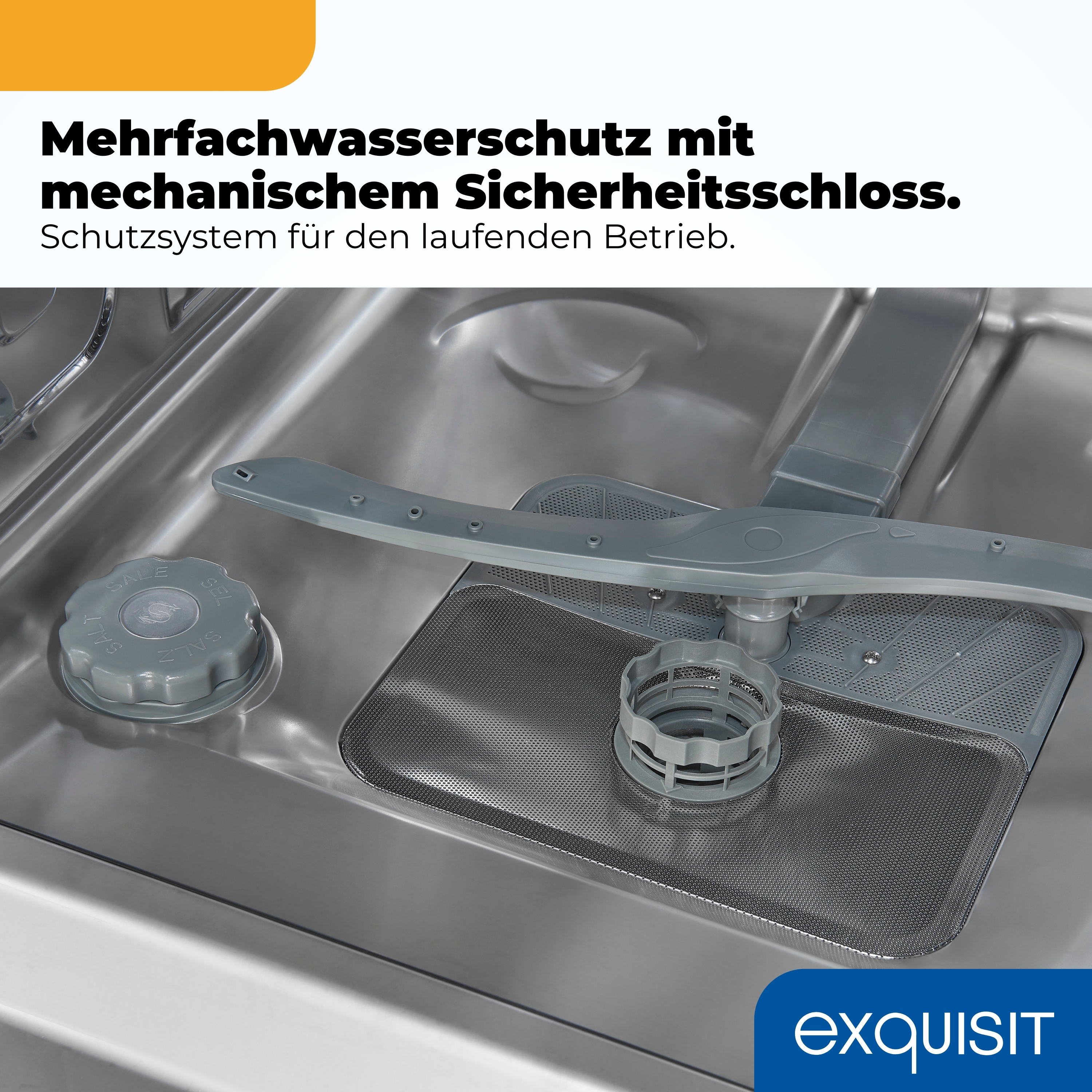Nahaufnahme des Inneren einer Spülmaschine mit Salzbehälter und Sprüharm.