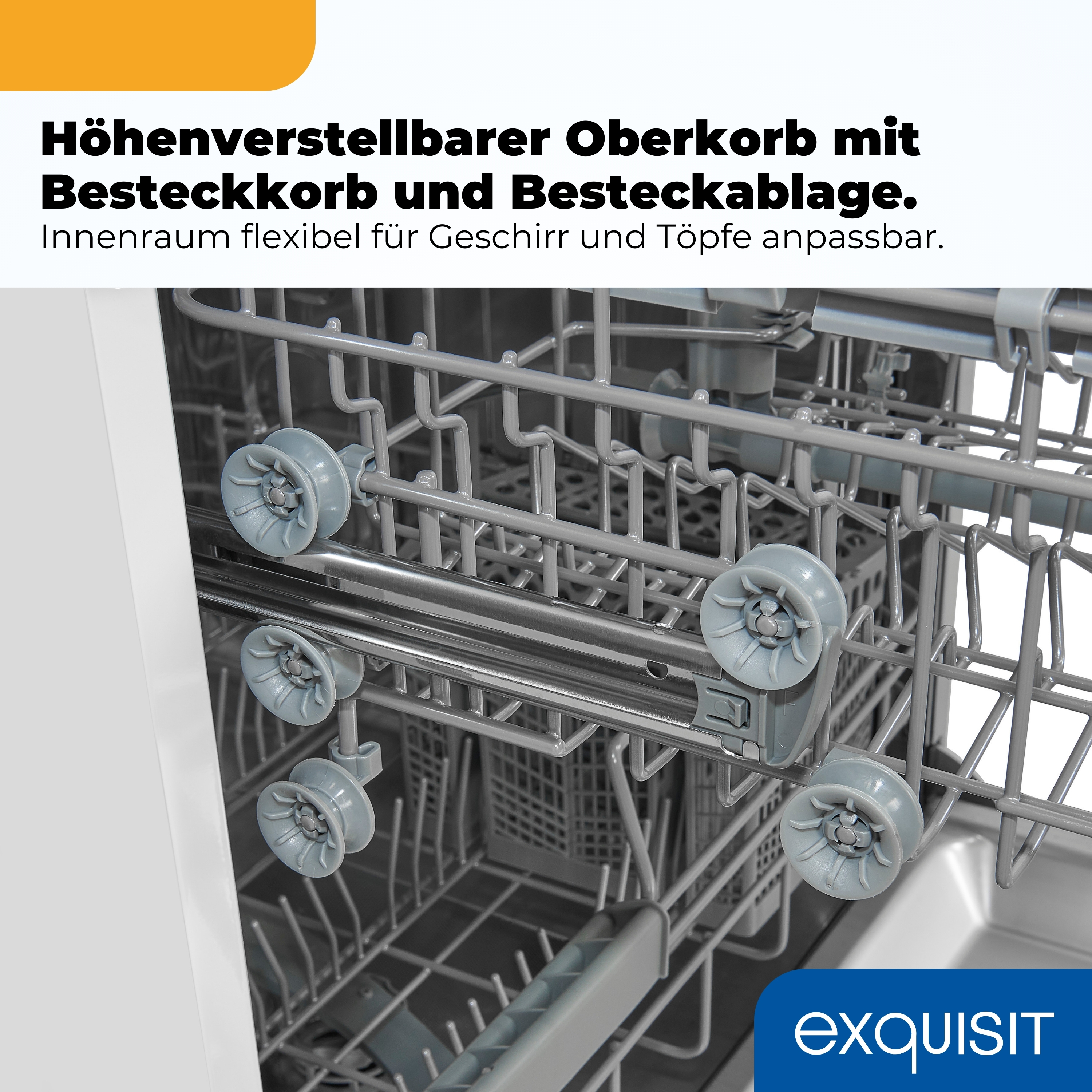 Innenansicht eines Geschirrspülers mit höhenverstellbarem Oberkorb und Besteckkorb.