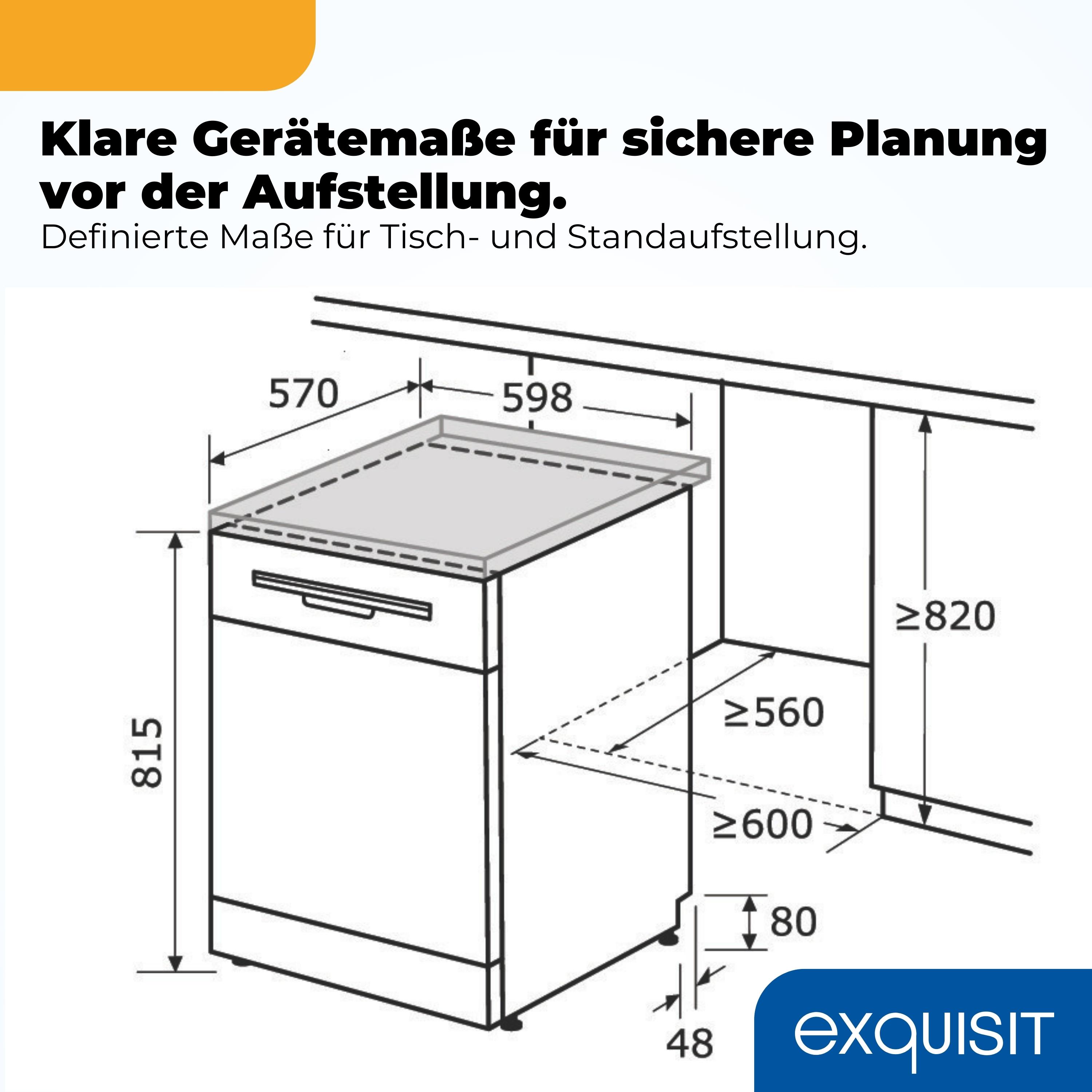 Technische Zeichnung mit Maßen für ein Gerät. Höhe 815mm, Breite 570/598mm.