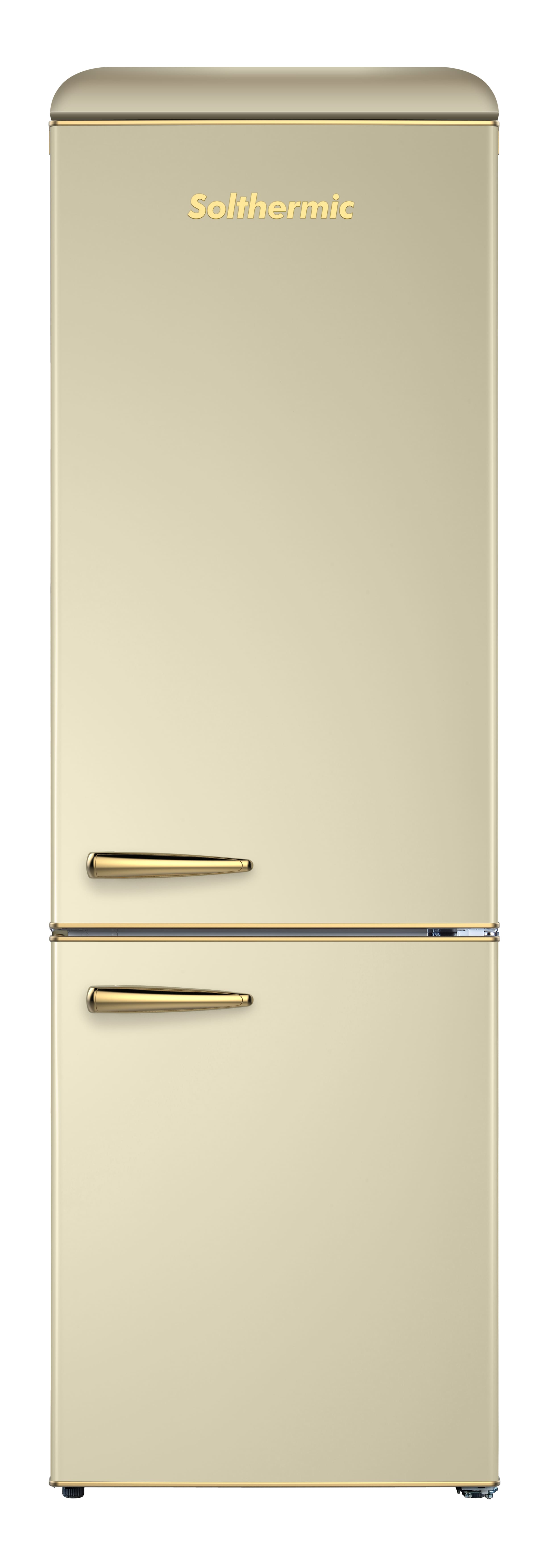 Un refrigerador color crema con dos tiradores dorados y un logo dorado.