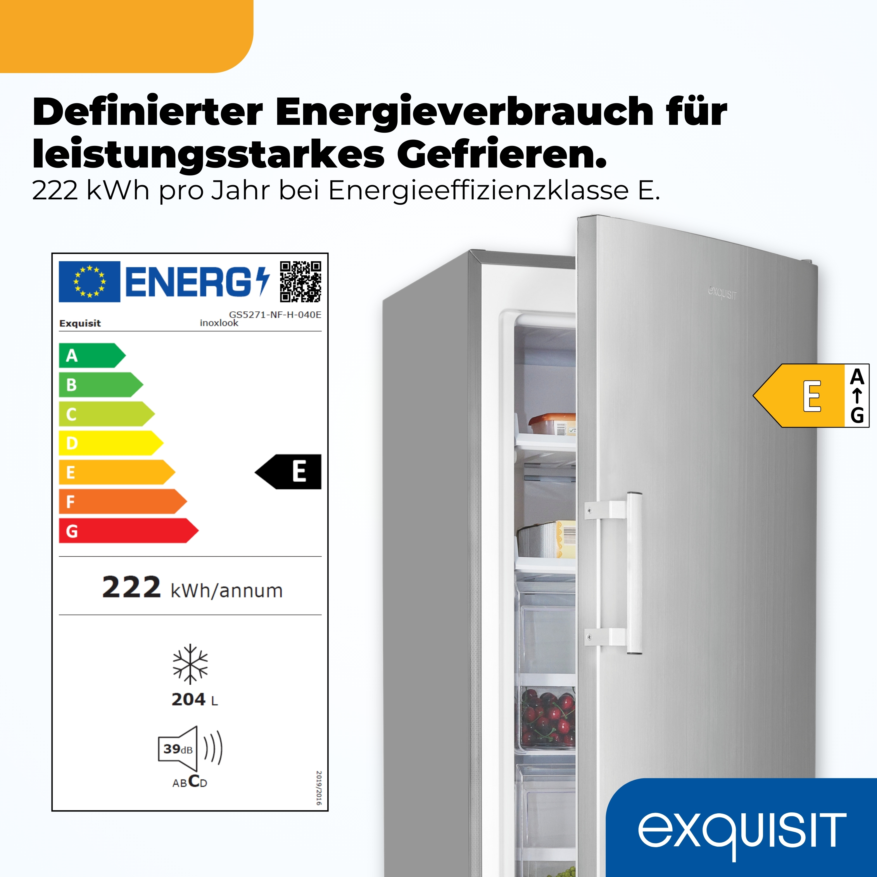 Ein silberner Kühlschrank mit Energieeffizienzklasse E und detaillierten Angaben.