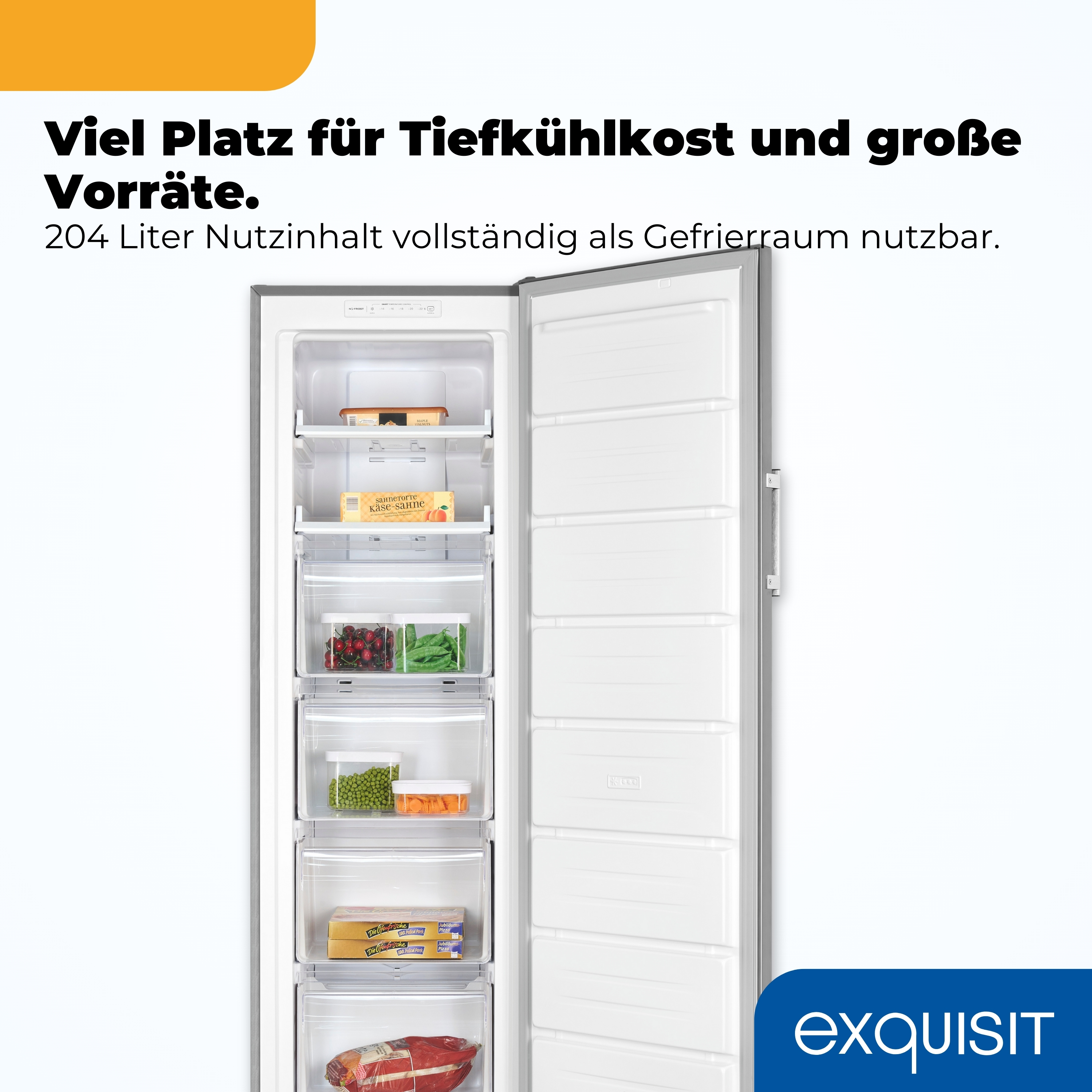 Ein offener Kühlschrank mit Lebensmitteln und Schubladen. Exquisit Logo.