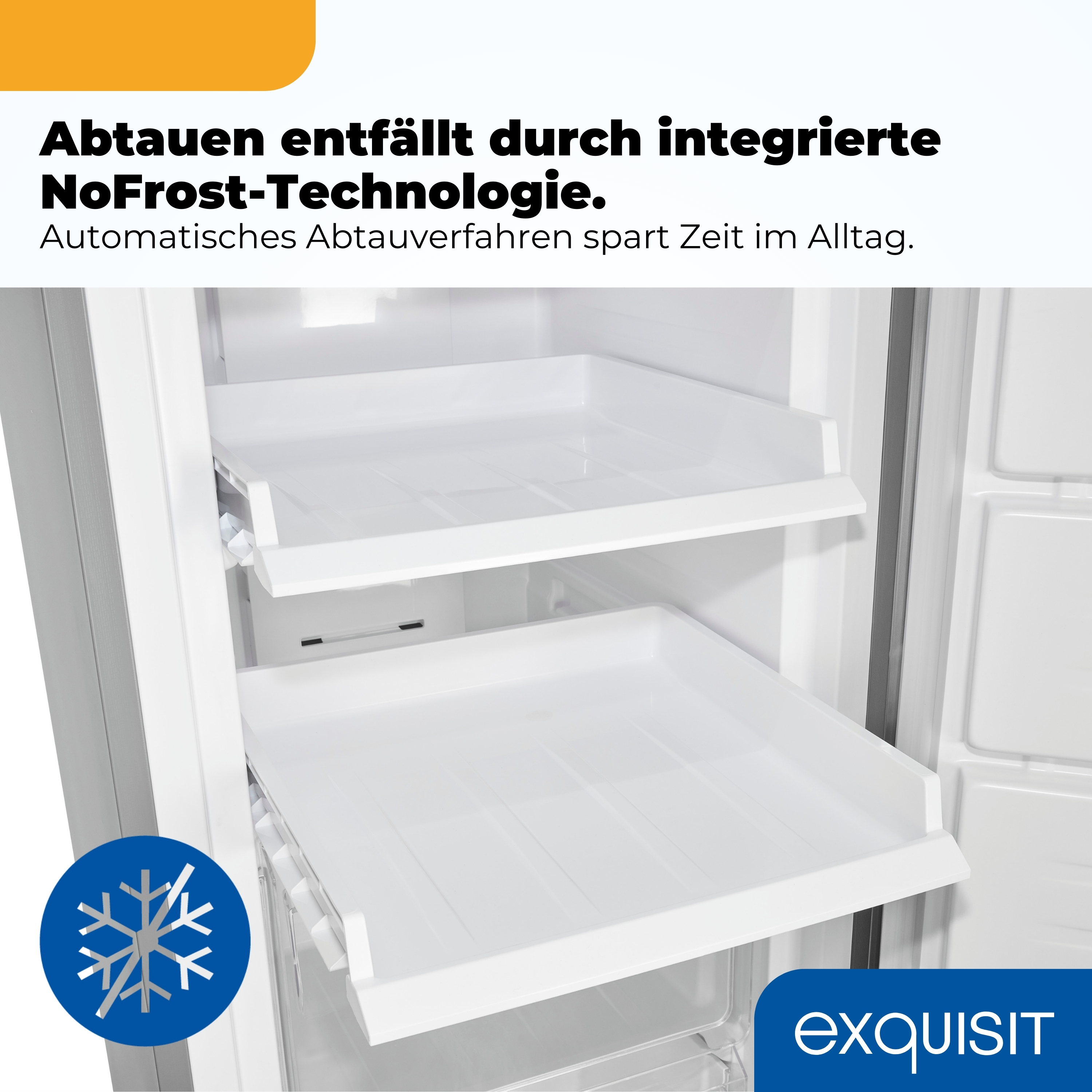 Innenansicht eines Kühlschranks mit zwei Schubladen und NoFrost-Symbol.