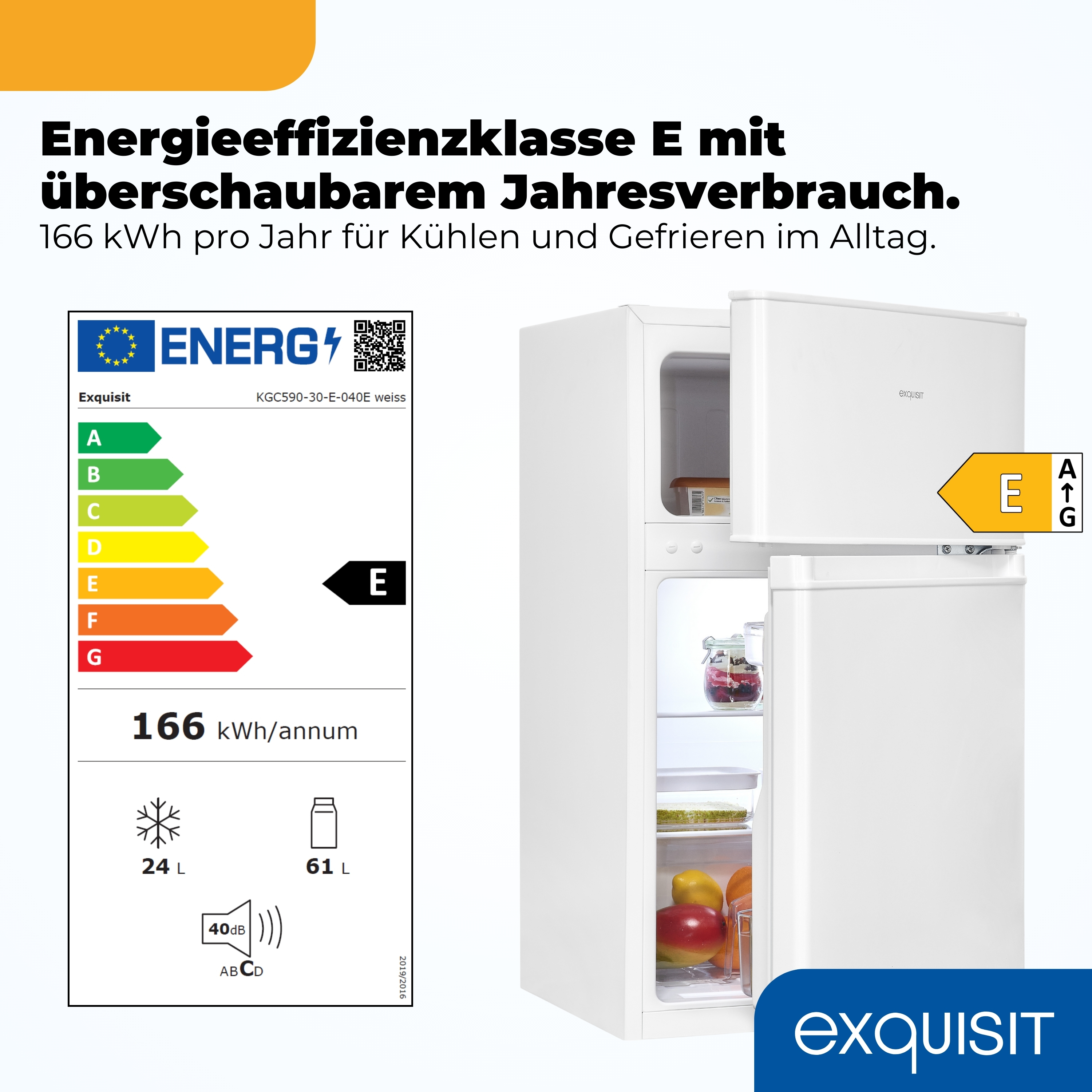 Ein weißer Kühlschrank mit Energieeffizienzklasse E und Lebensmittelinhalt.