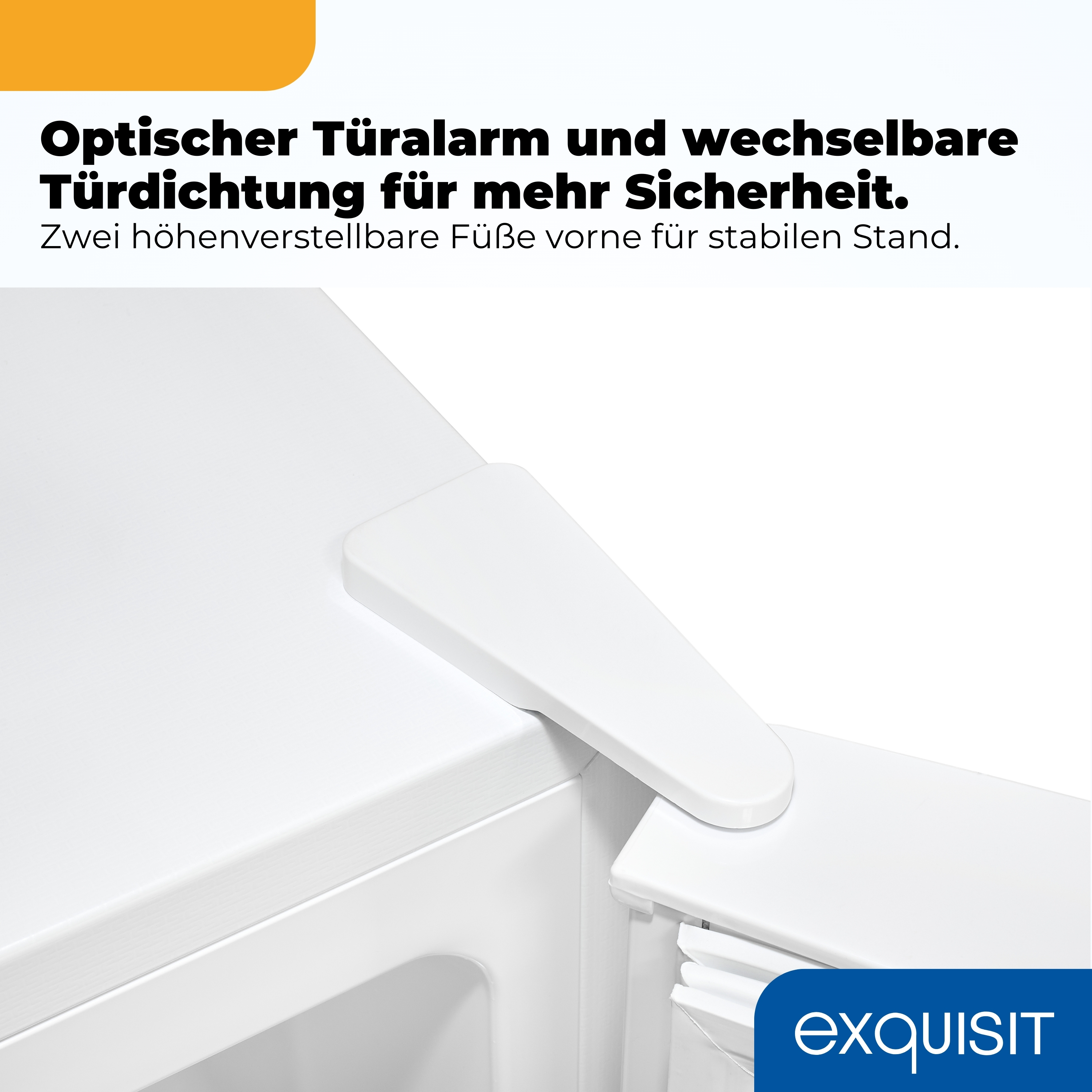 Nahaufnahme eines weißen Kühlschranks mit Türdichtung und Füßen.
