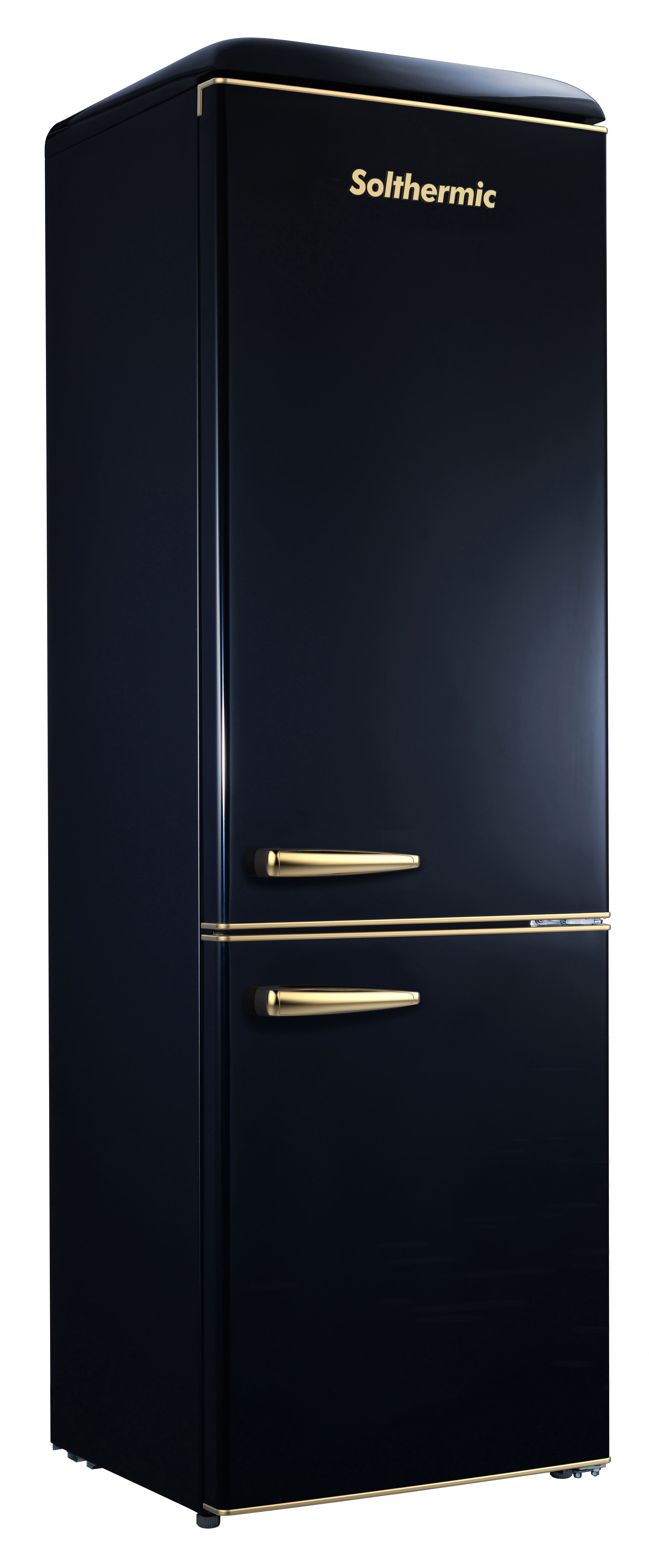 Un refrigerador elegante, azul marino, con ribetes y asas doradas.