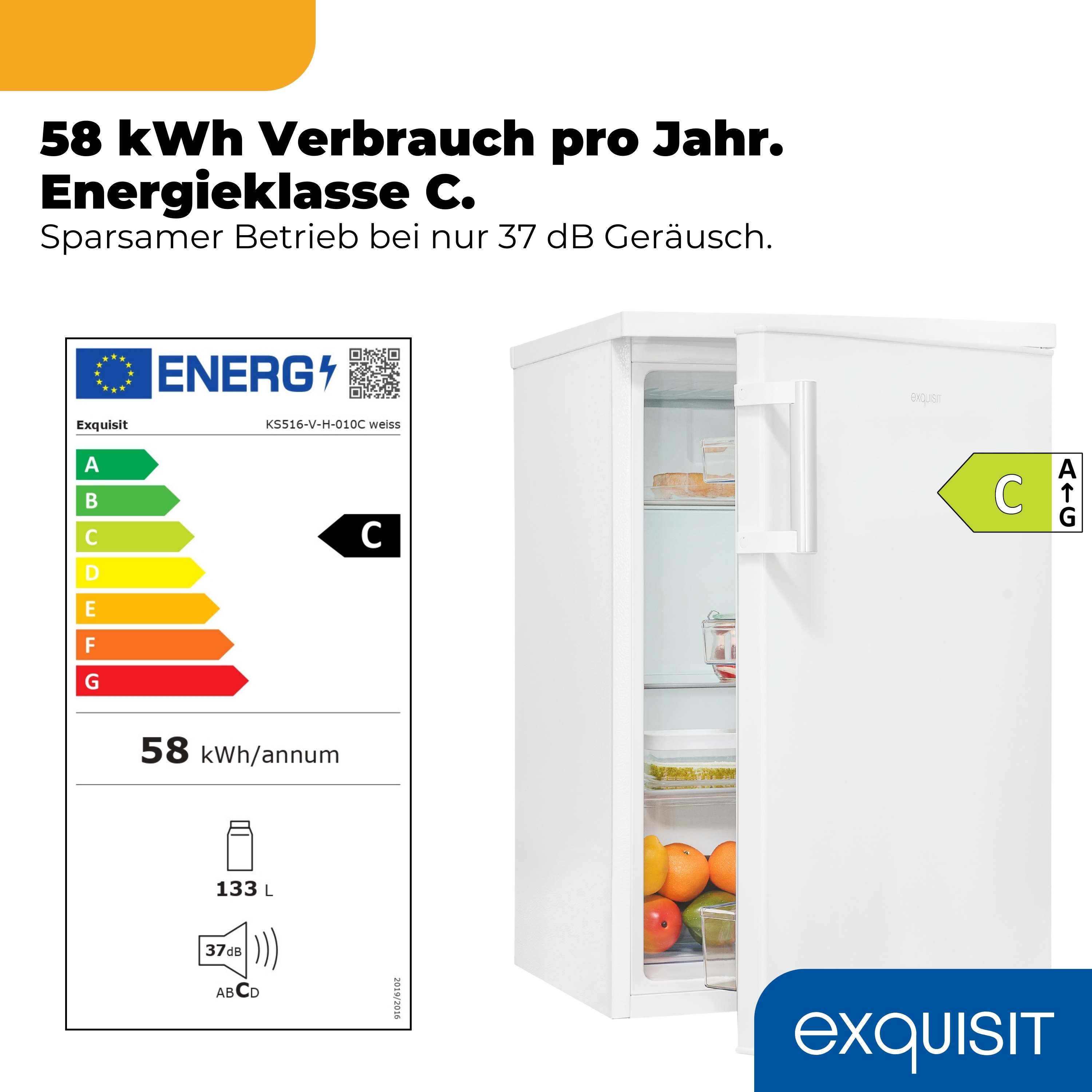 Ein weißer Kühlschrank mit Energieeffizienzklasse C und 133 L Fassungsvermögen.