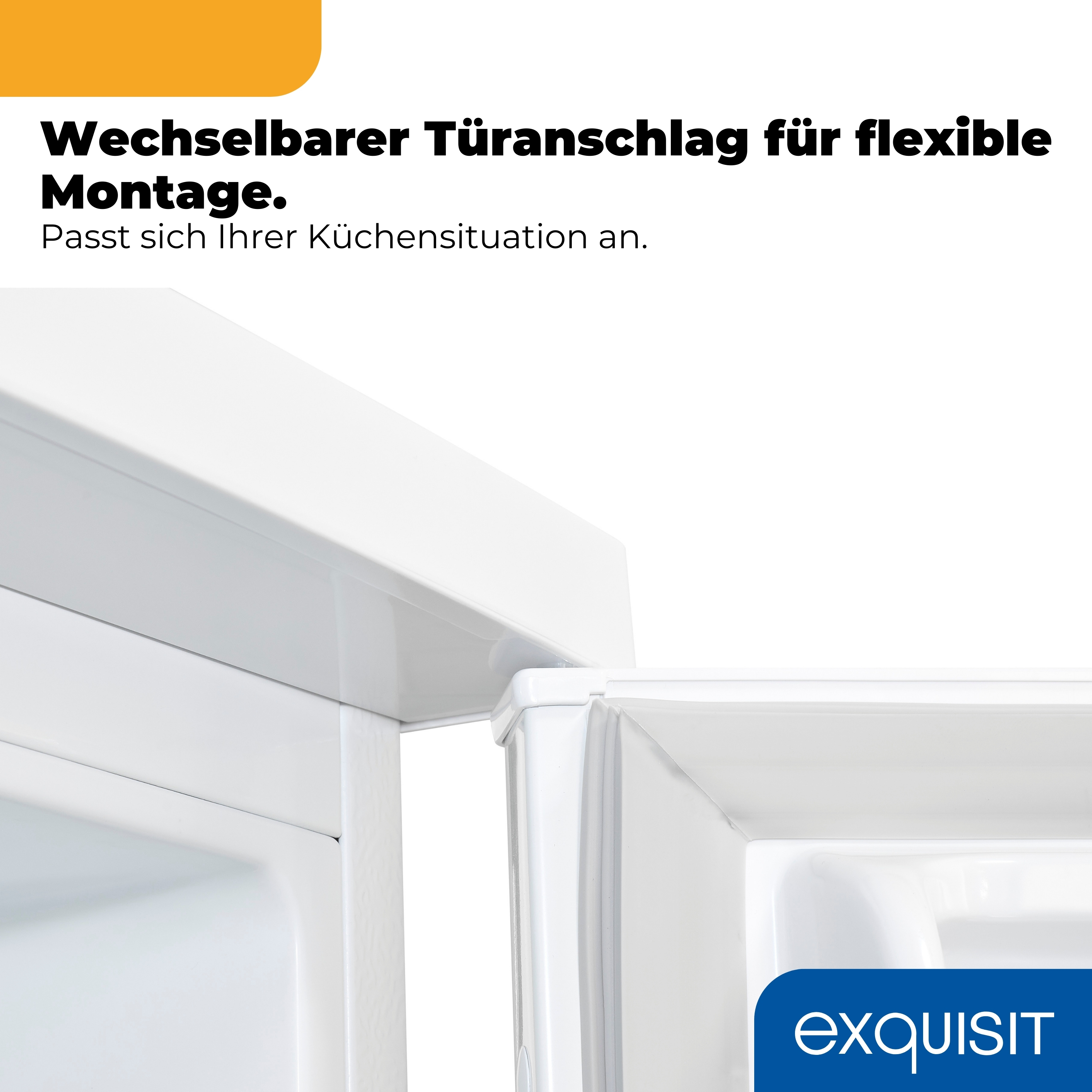 Nahaufnahme eines weißen Kühlschrankes mit wechselbarem Türanschlag.