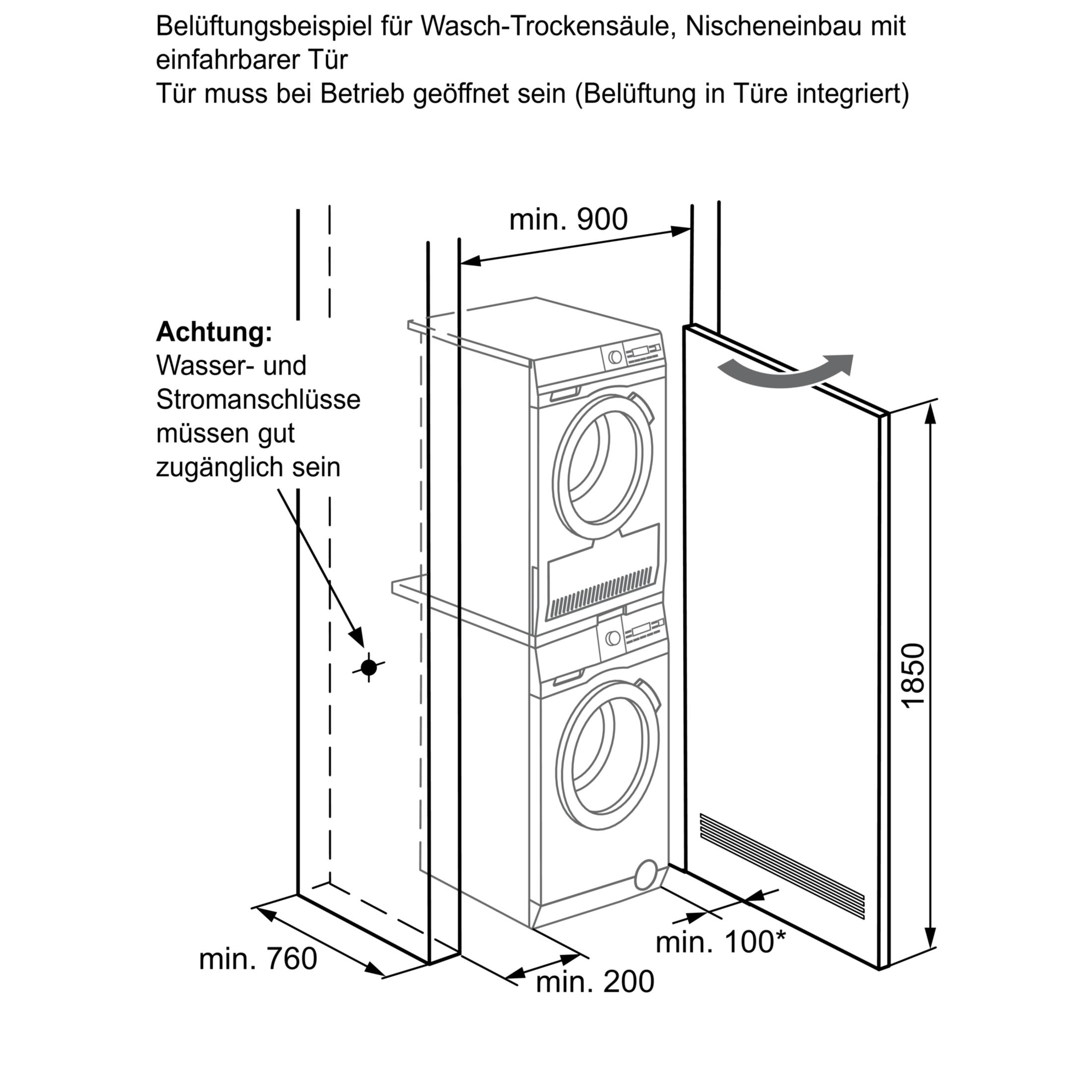 Dessin technique montre installation tour lave-linge-sèche-linge avec porte.