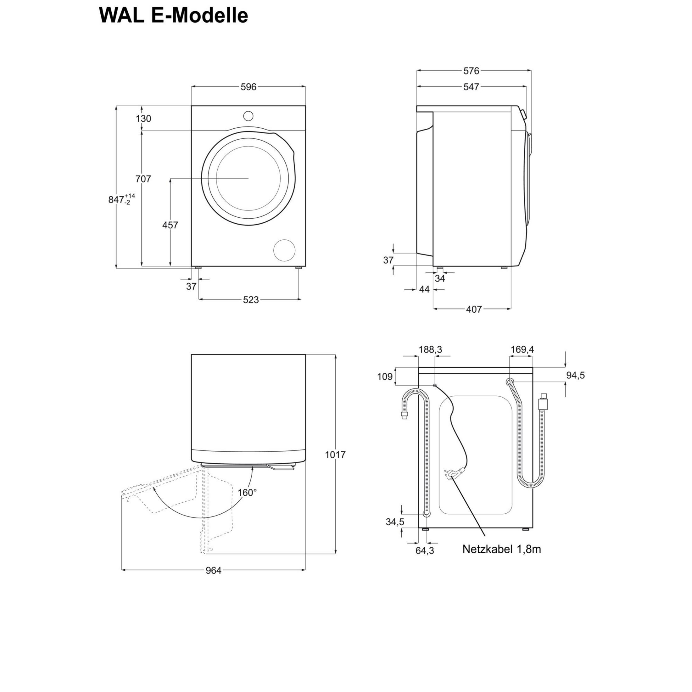 Disegno tecnico di una lavatrice con dimensioni in mm.