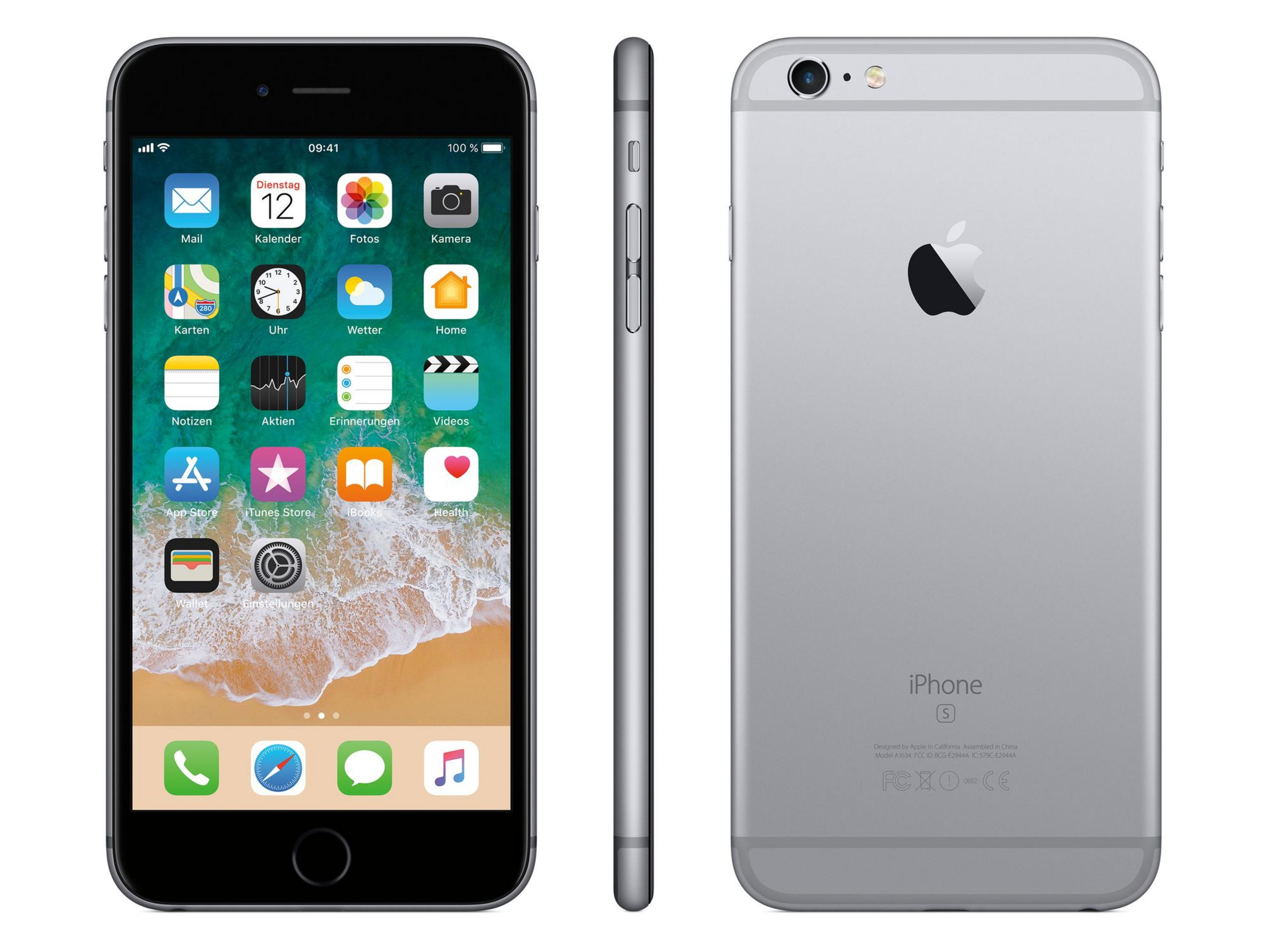 Ein silbernes iPhone 6s mit Vorder-, Seiten- und Rückansicht. Die Vorderseite zeigt den Homescreen.
