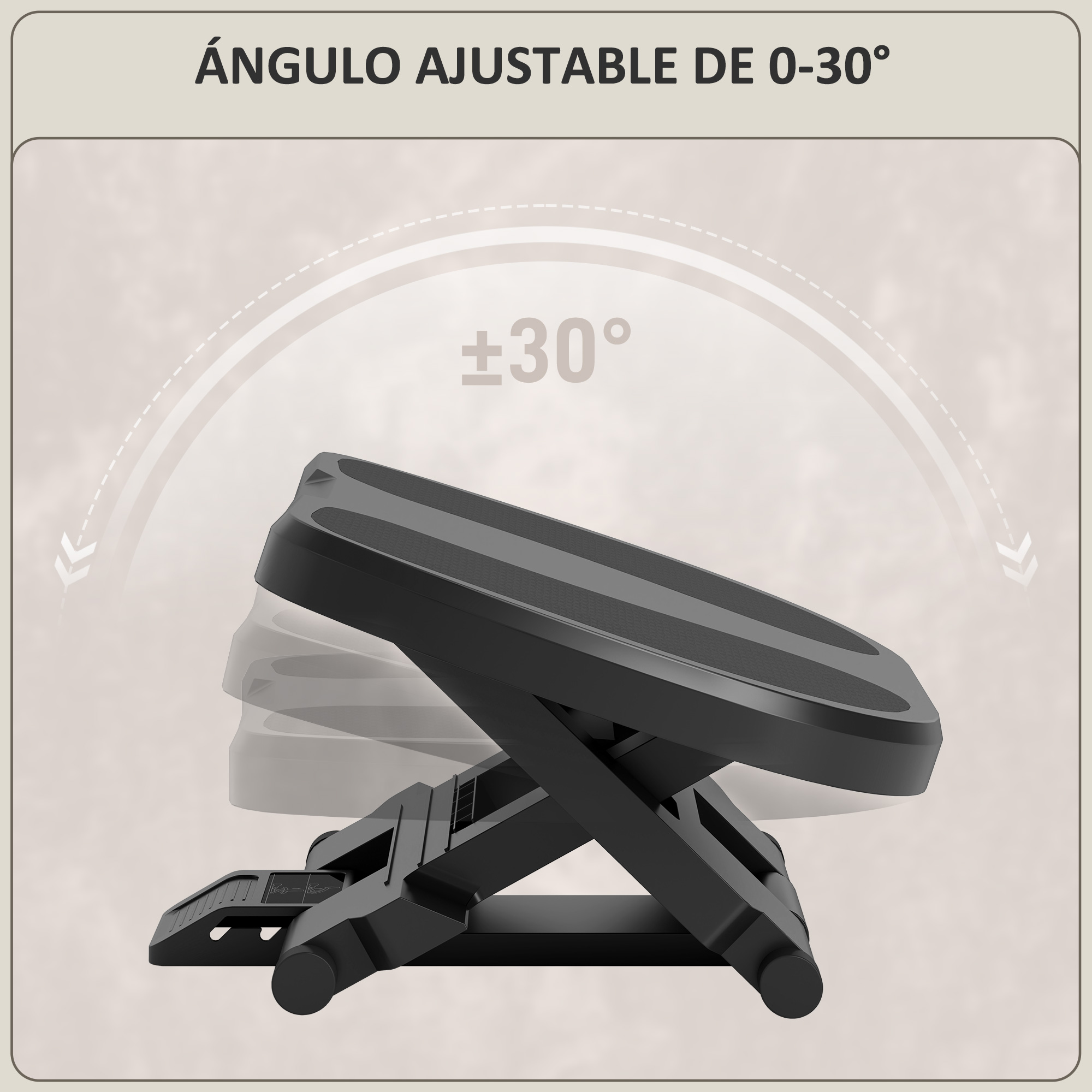 Reposapiés negro ajustable con ajuste de ángulo de 0-30° y escala resaltada.
