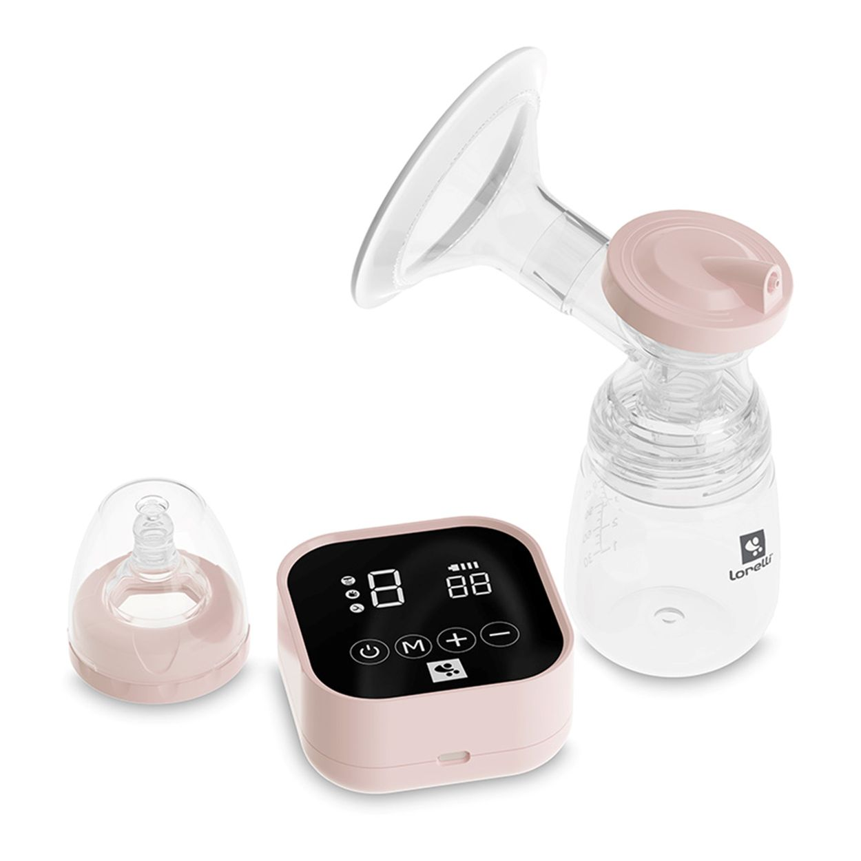 Ein rosa Milchpumpen-Set mit digitaler Anzeige, Flasche und Schutzkappen.