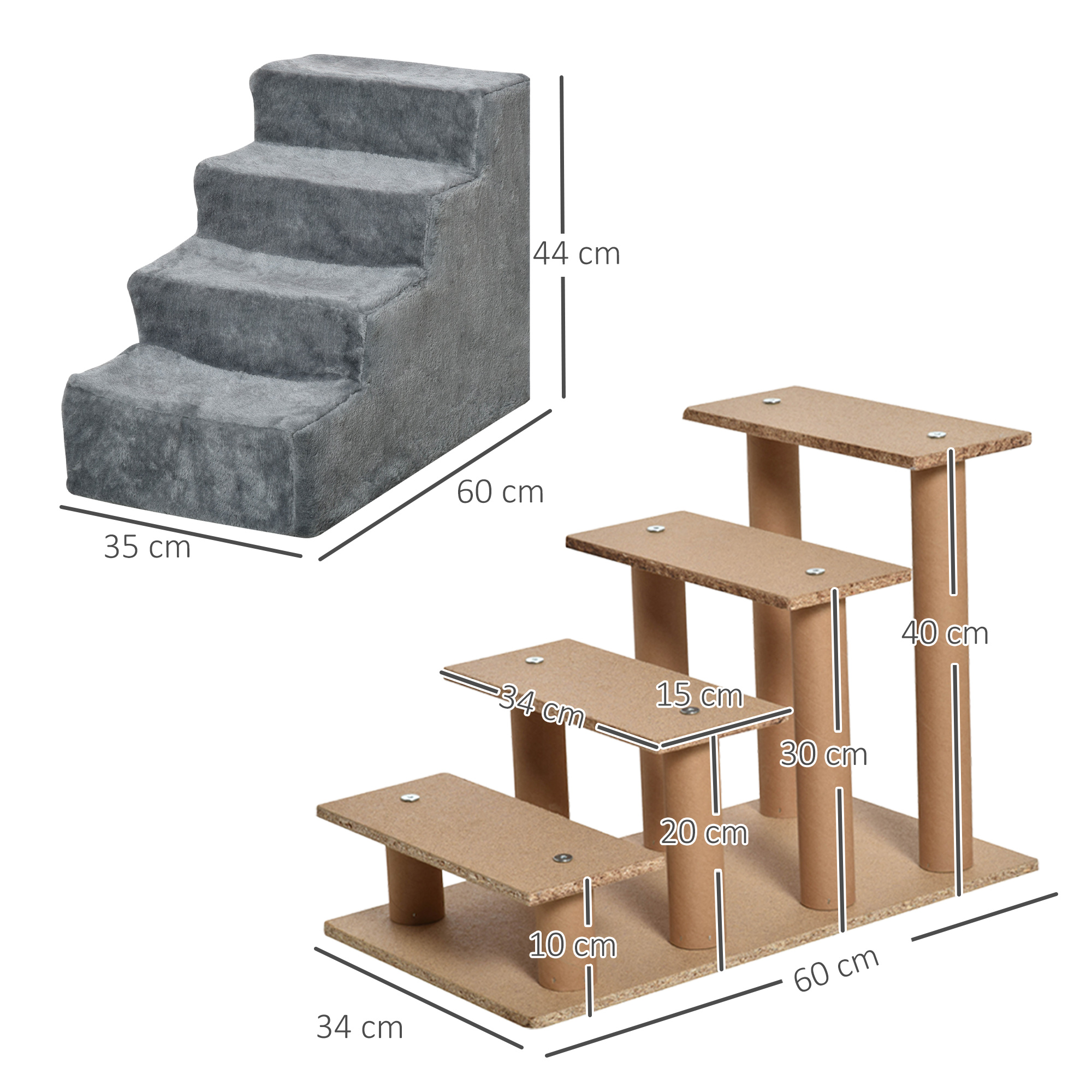 Escaleras para mascotas grises y marrones con dimensiones. Escaleras grises de cuatro peldaños izq.