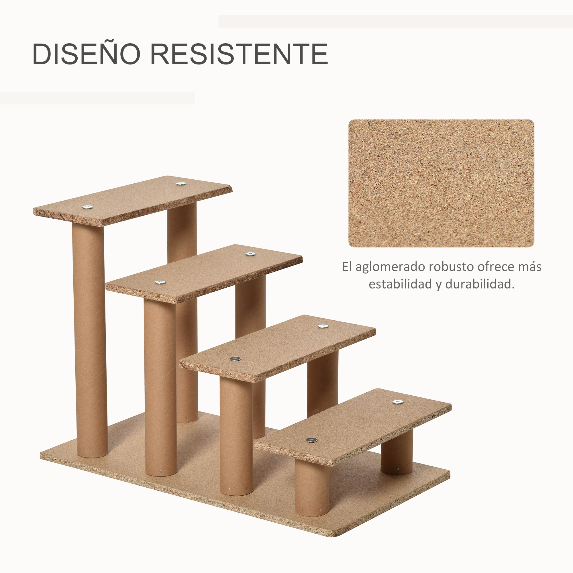Un estante escalonado de madera con soportes cilíndricos y superficies planas.