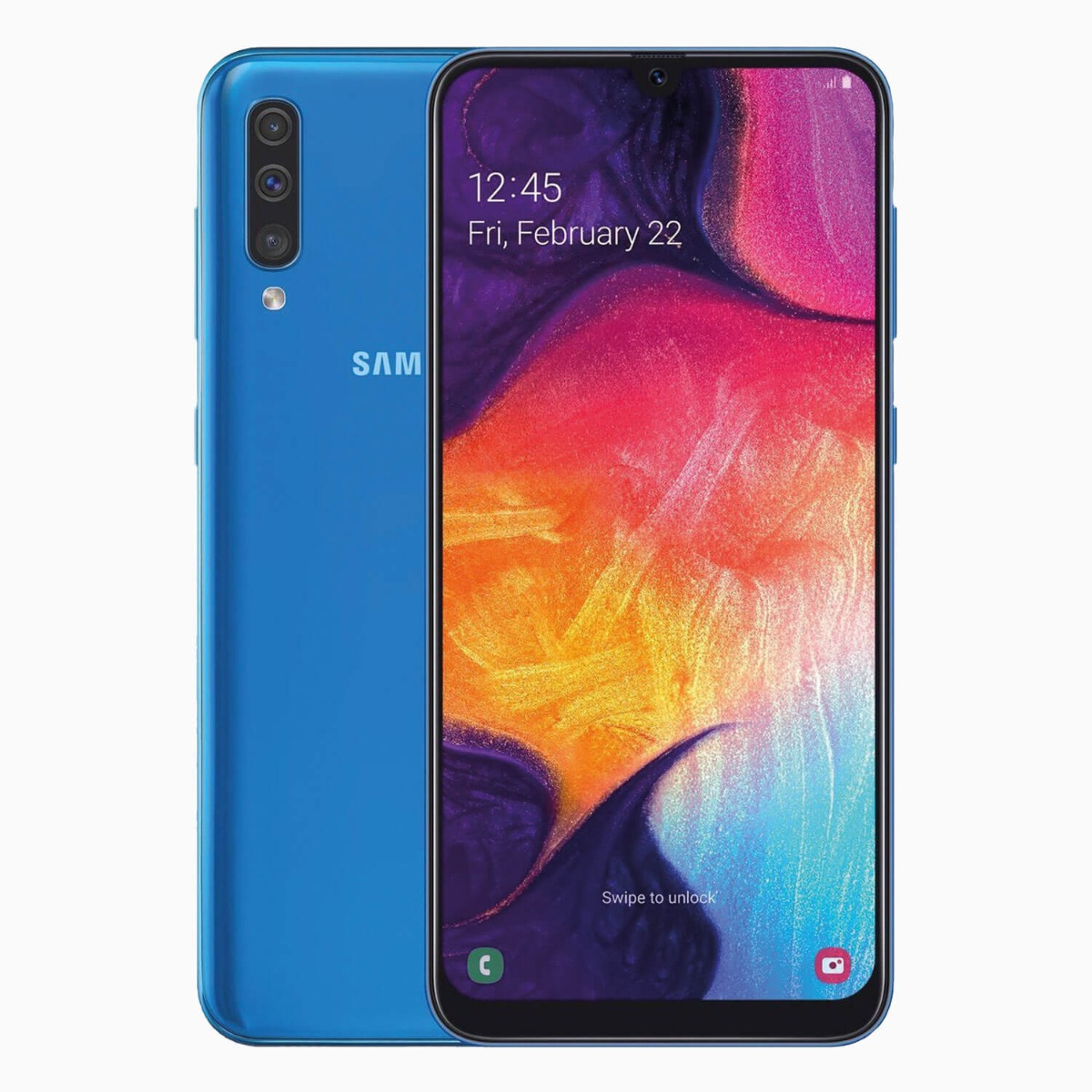 Ein blauer Samsung-Smartphone mit drei Kameras auf der Rückseite.