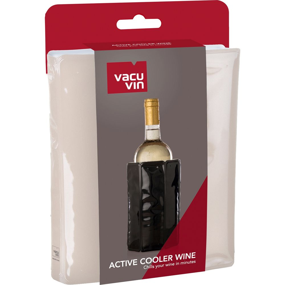 Una bottiglia di vino in un refrigeratore nero, confezionata da Vacu Vin.