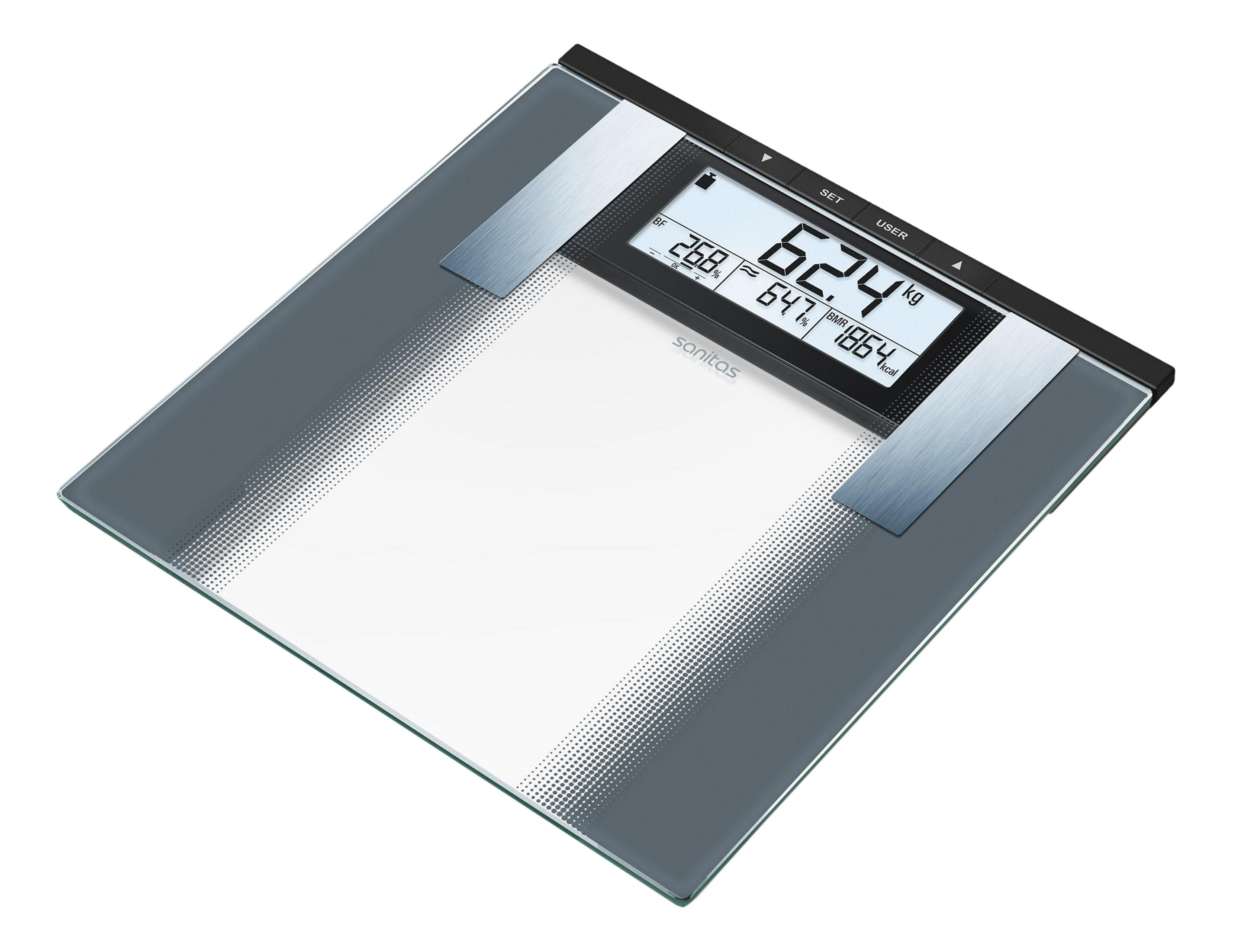 Cyfrowa waga łazienkowa ze szklaną powierzchnią i cyfrowym wyświetlaczem.