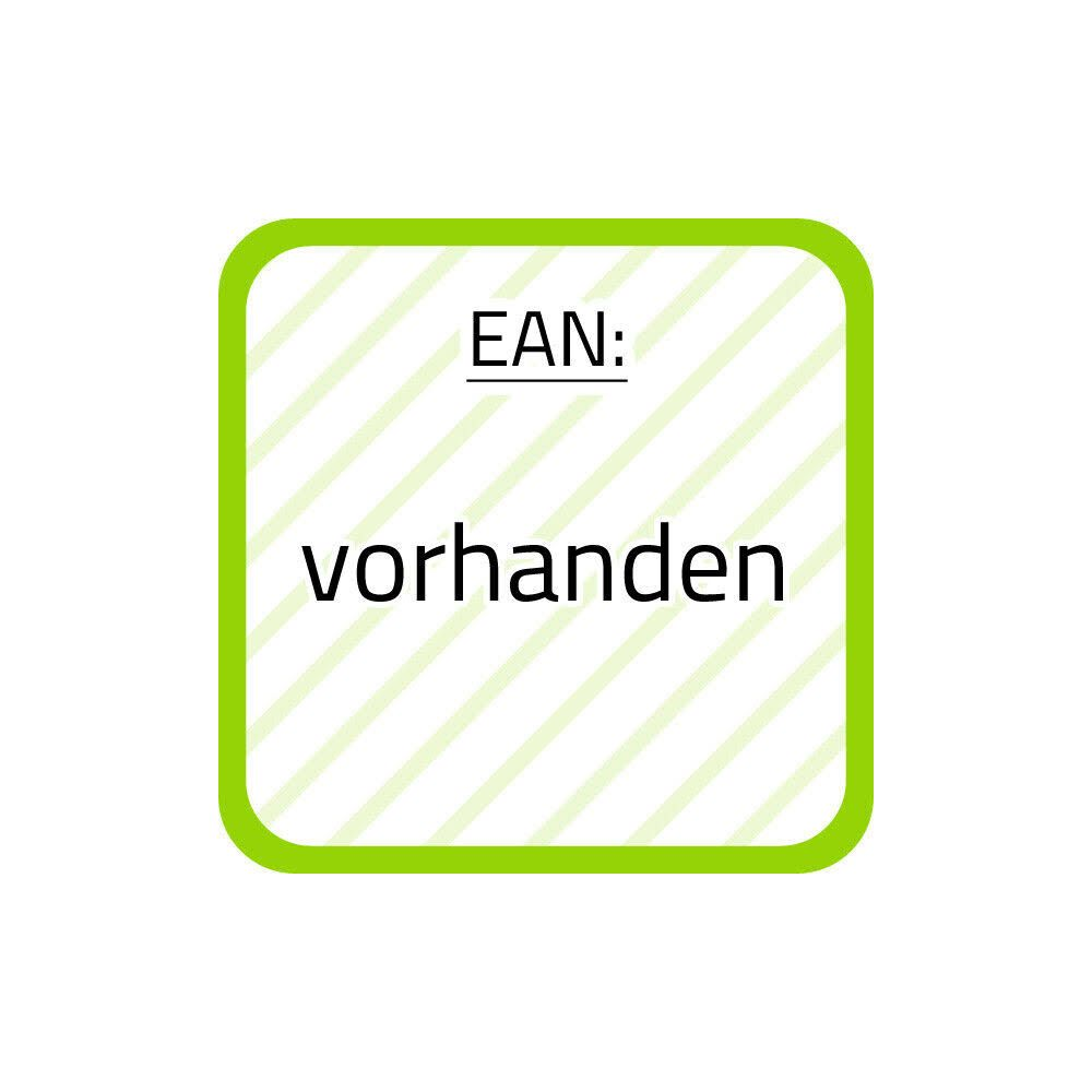 EAN: vorhanden. Ein grüner Rahmen umrahmt das weiße Feld mit grünen Streifen.
