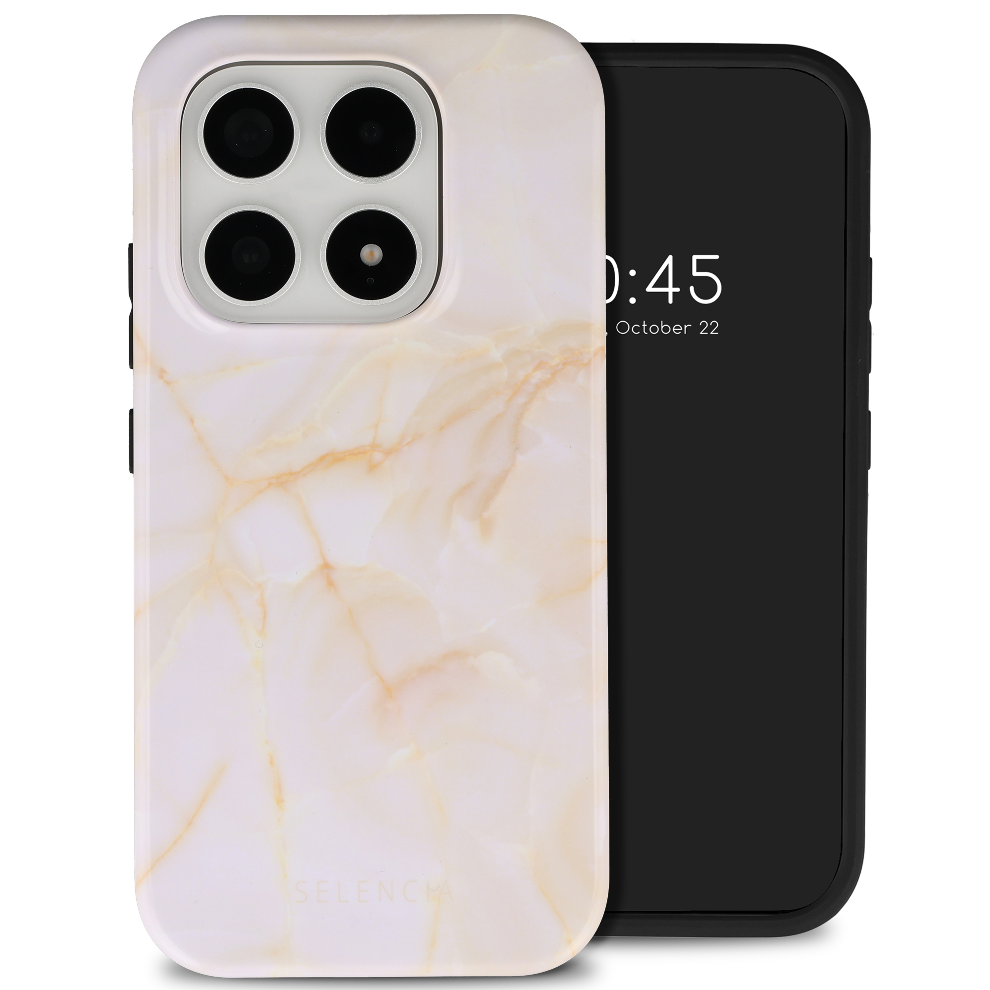 Une coque de téléphone en marbre blanc veiné d'or à côté d'un téléphone noir.