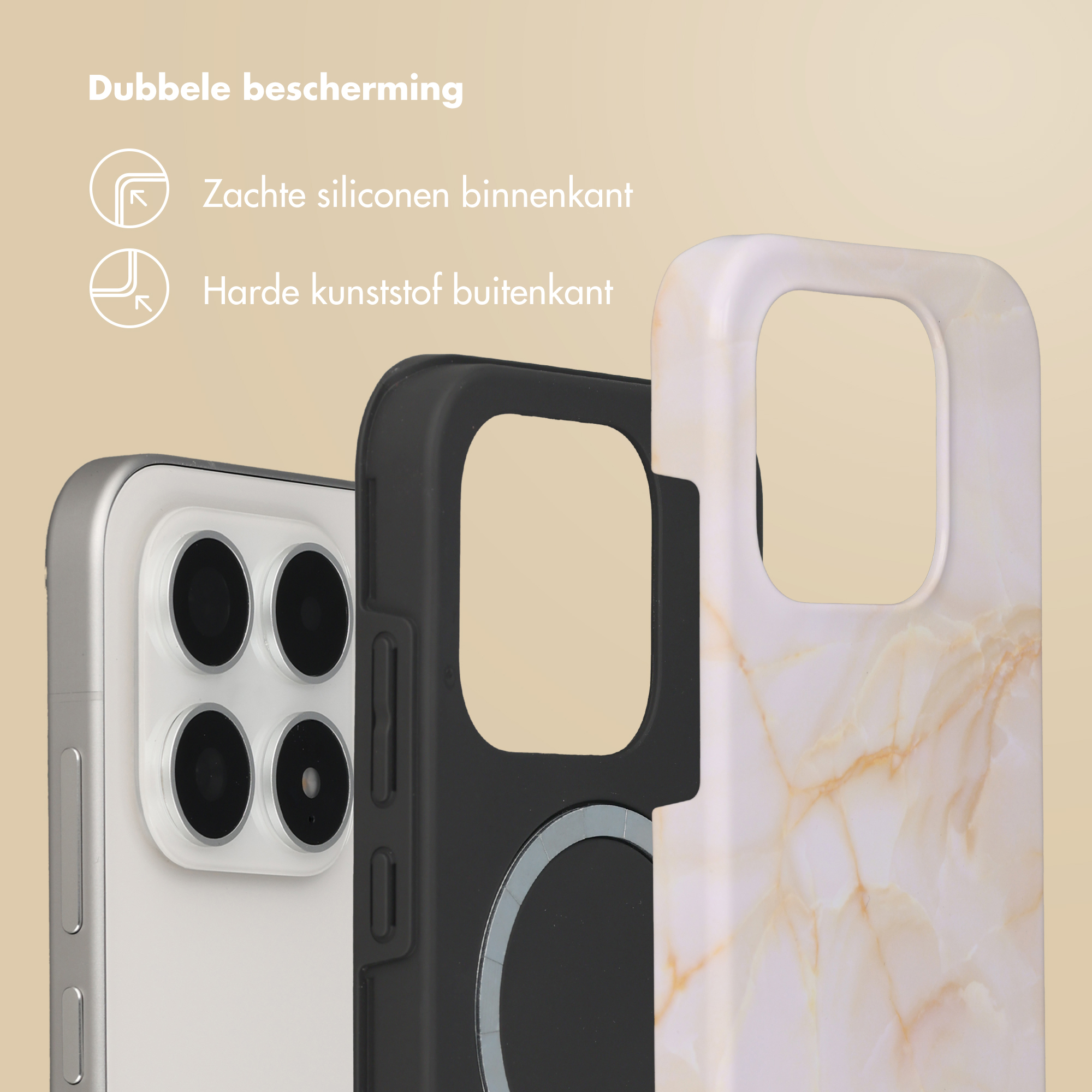 Trois coques de téléphone : argentée avec appareils photo, noire et marbrée.