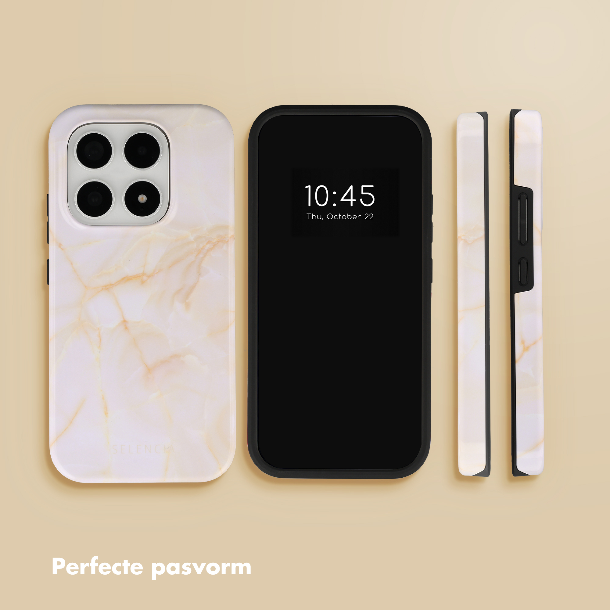 Une coque de téléphone blanche à motif marbre, un téléphone noir et deux autres coques.