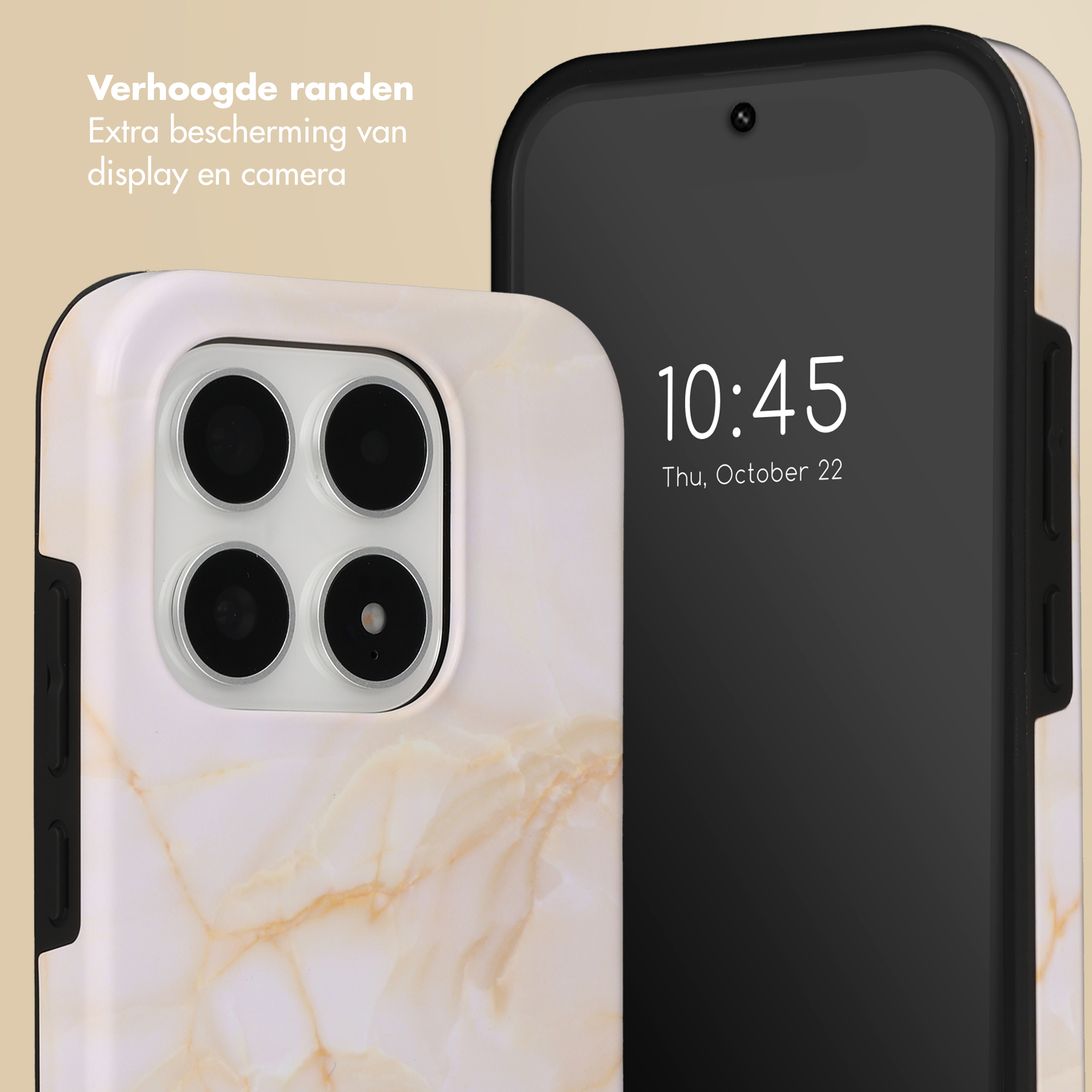Coque de téléphone marbre avec quatre caméras à côté d'un smartphone.