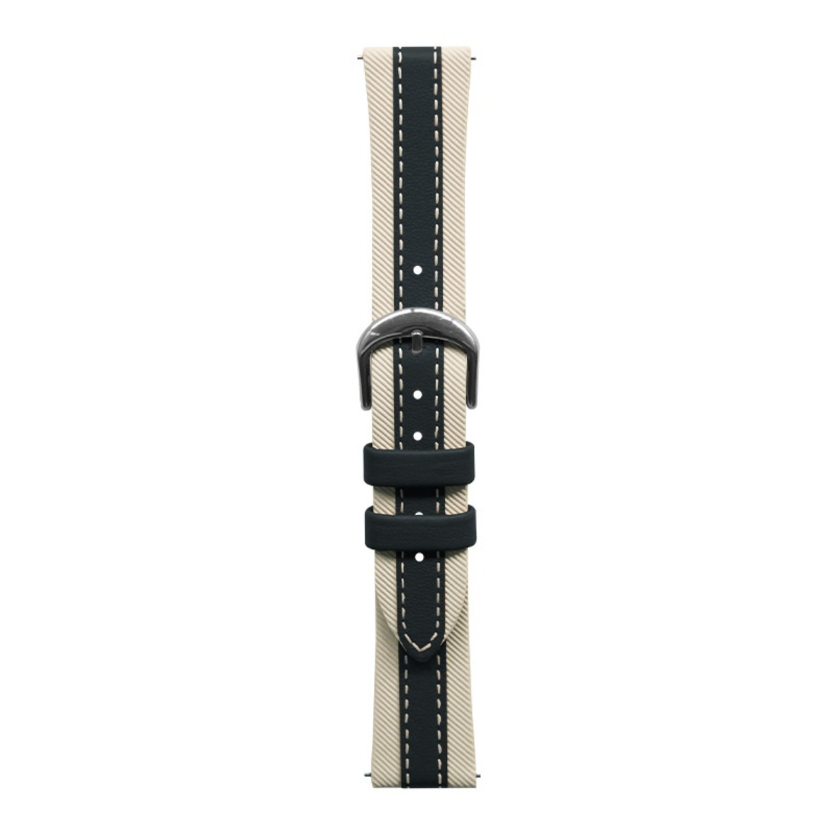 Cinturino per orologio beige con strisce blu scuro e fibbia.