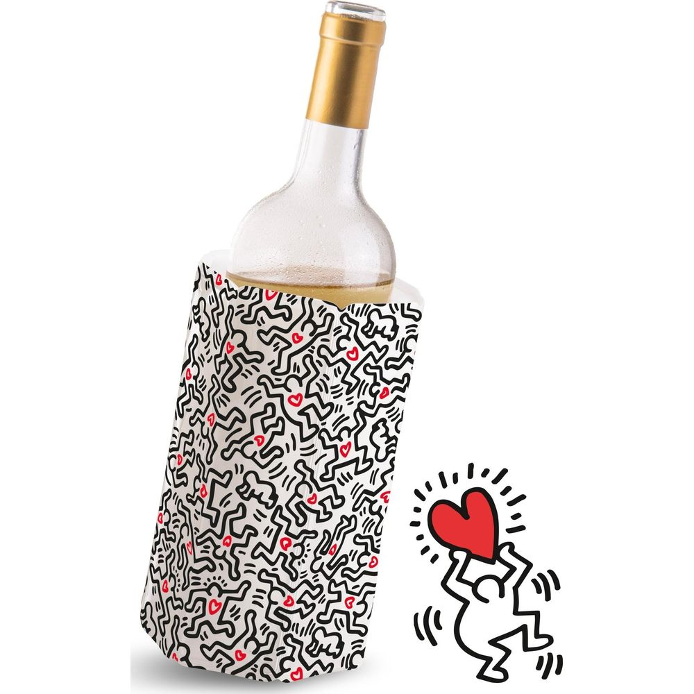 Bottiglia di vino in una custodia con motivo Keith Haring. Una piccola figura tiene un cuore.