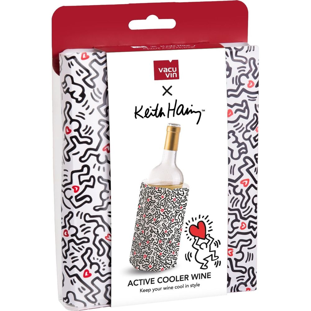 Raffredda vino Keith Haring. Bottiglia con collo dorato.