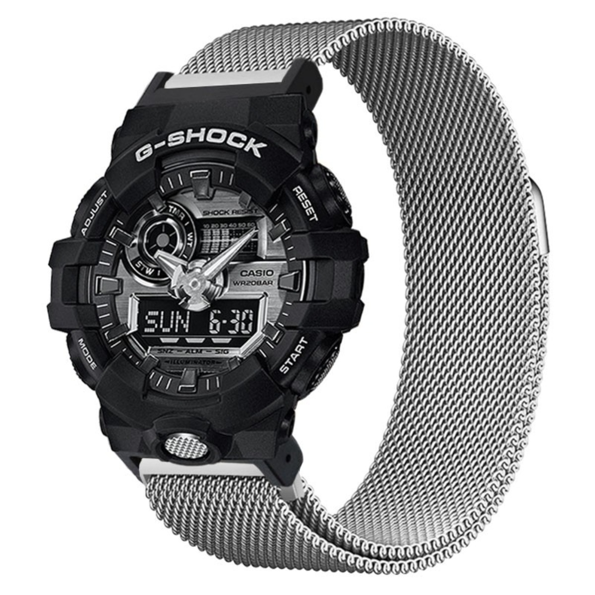 Schwarze G-Shock Uhr mit silbernem Mesh-Armband und digitaler Anzeige.