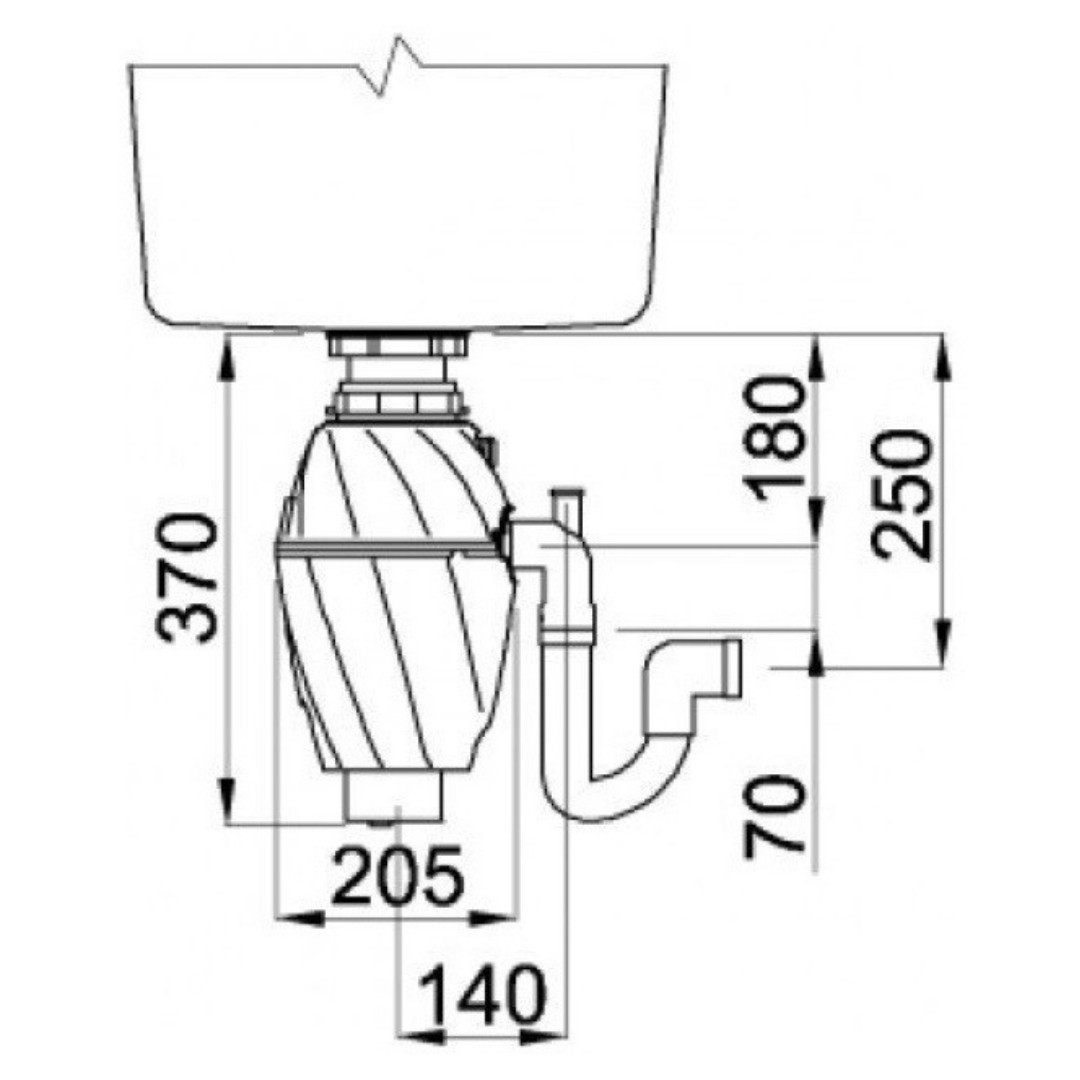 Disegno tecnico di uno smaltitore di rifiuti sotto un lavello con dimensioni.