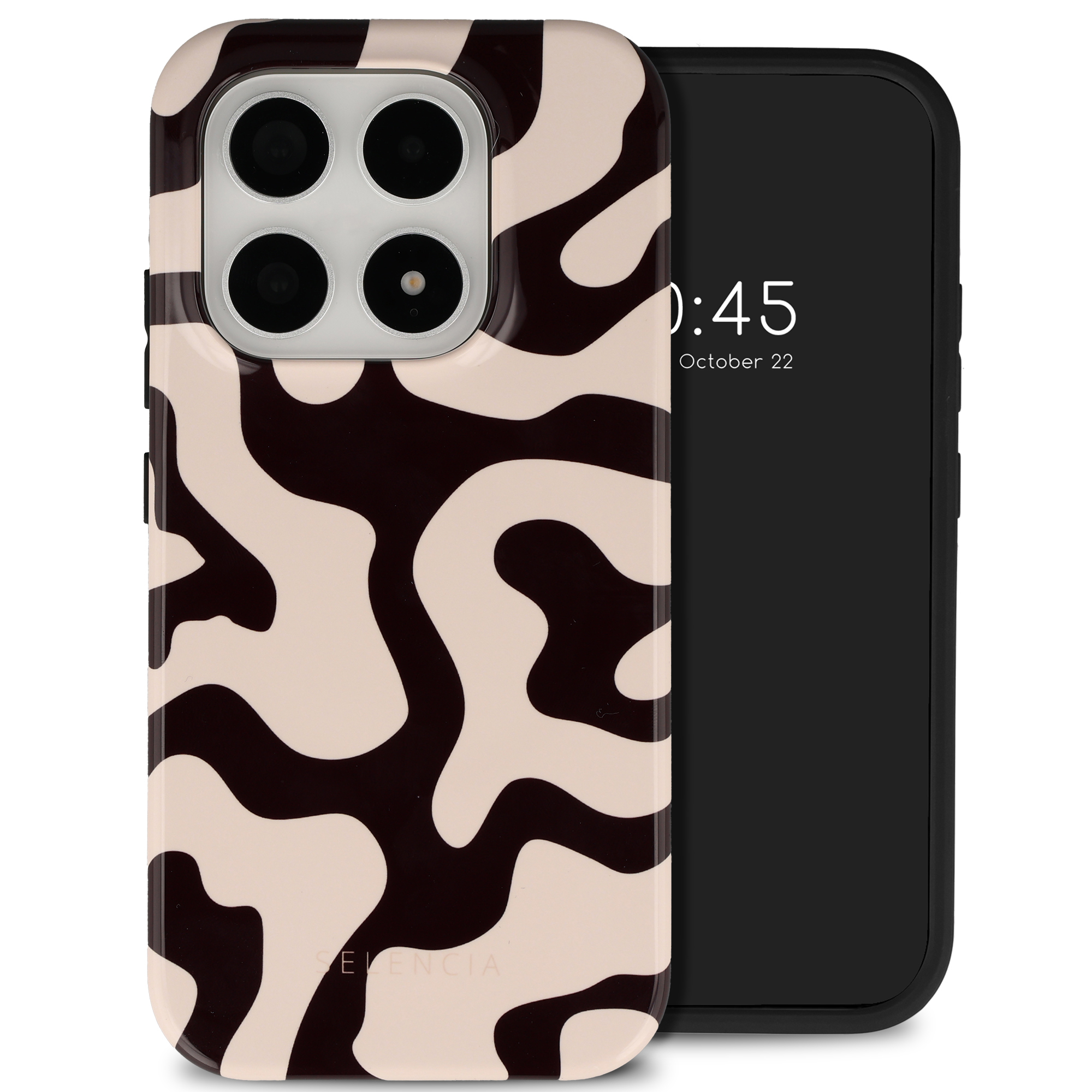 Une coque de téléphone avec un marbrage marron et beige sur un téléphone noir.