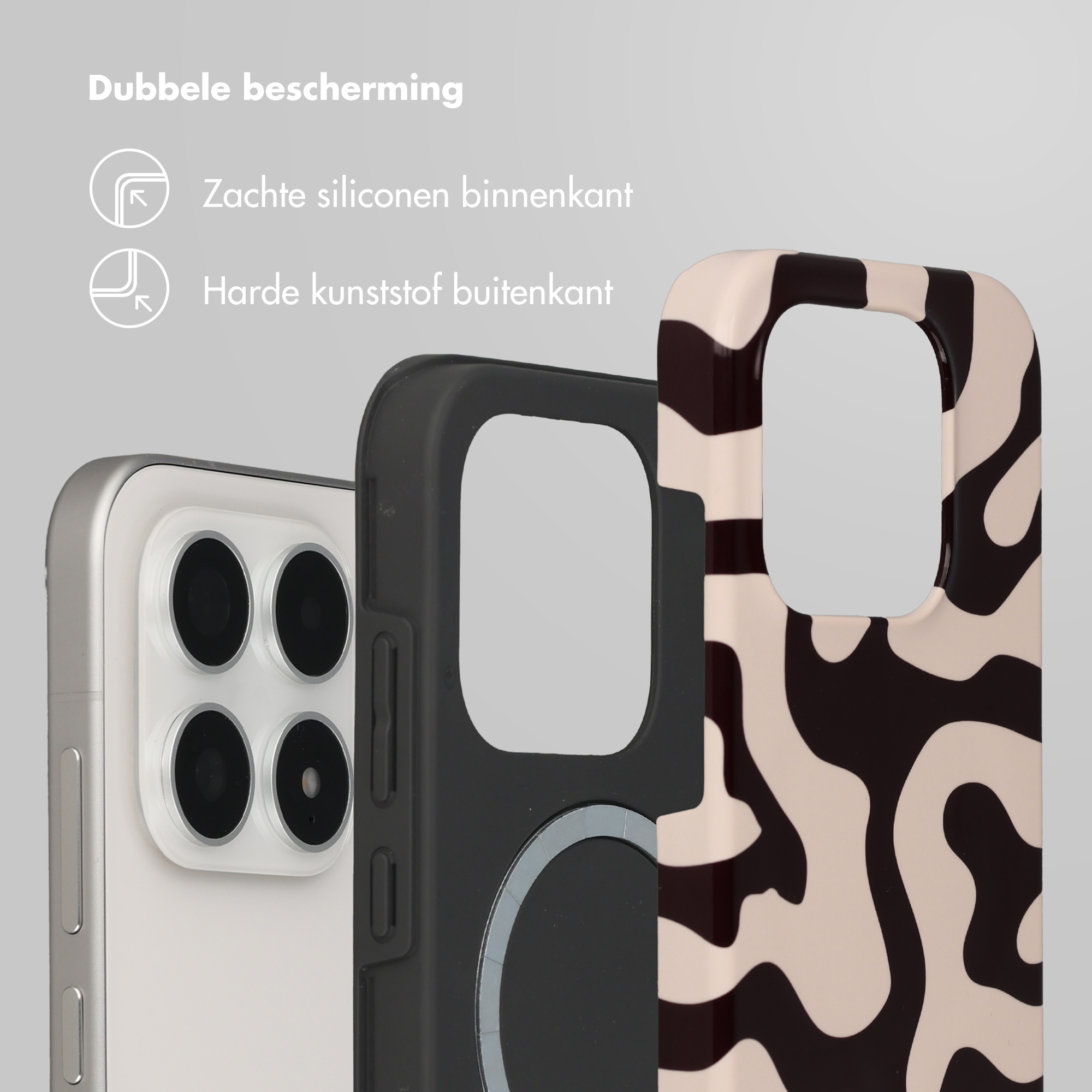 Trois coques de téléphone : argentée avec appareils photo, noire et à motif.