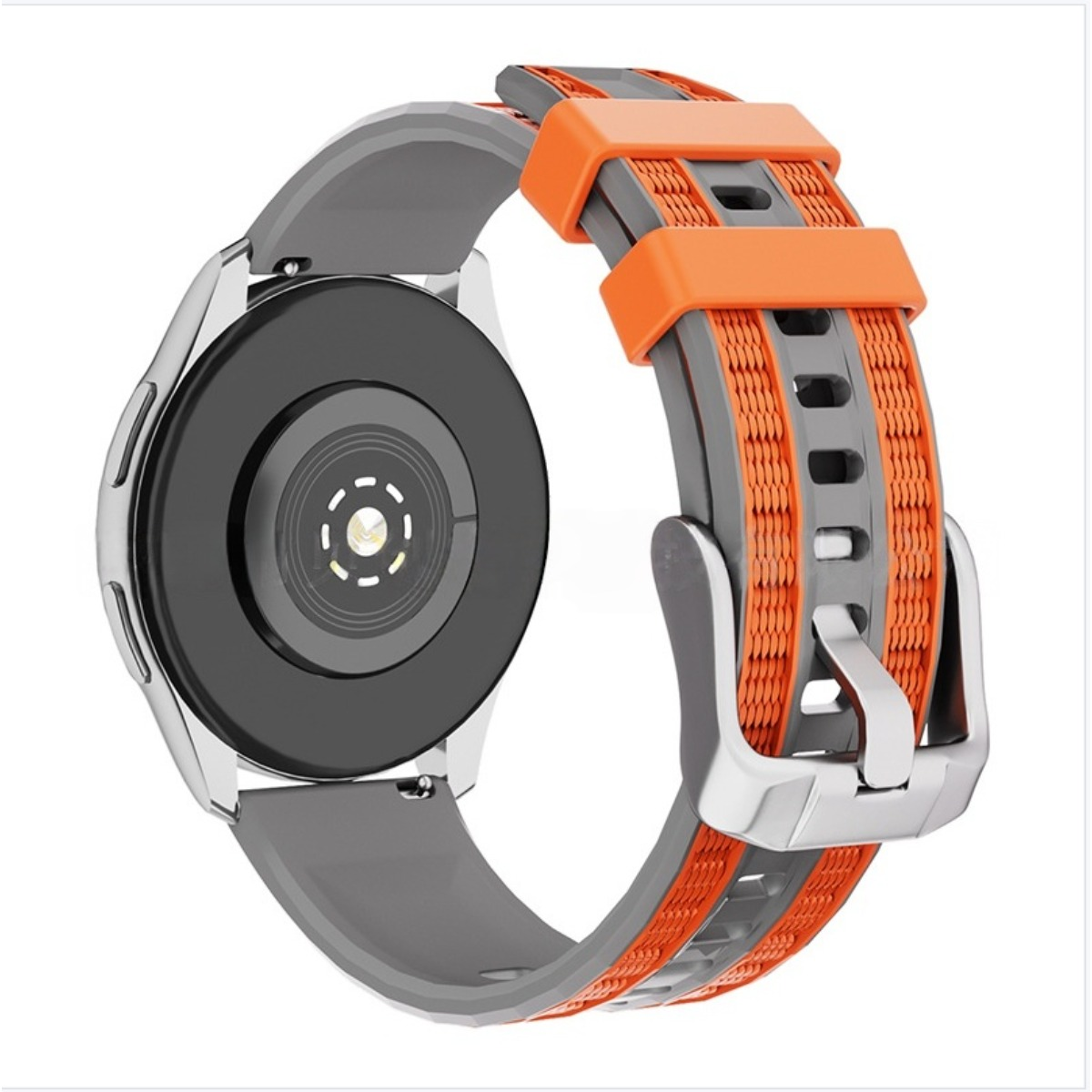 Graue und orangefarbene Smartwatch mit Herzfrequenzmesser auf der Rückseite.