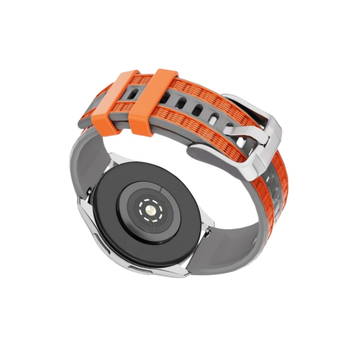Graues und orangefarbenes Uhrenarmband mit Metallschnalle, Rückseite der Uhr sichtbar.