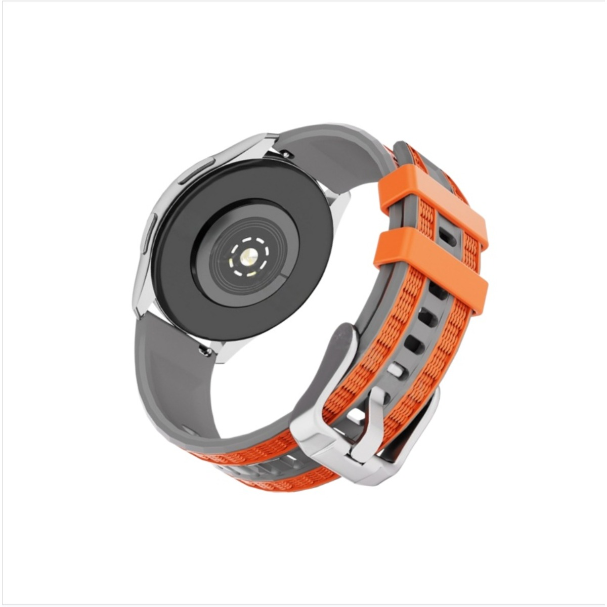 Rückseite einer Smartwatch mit orange-grauem Armband und Herzfrequenzsensor.