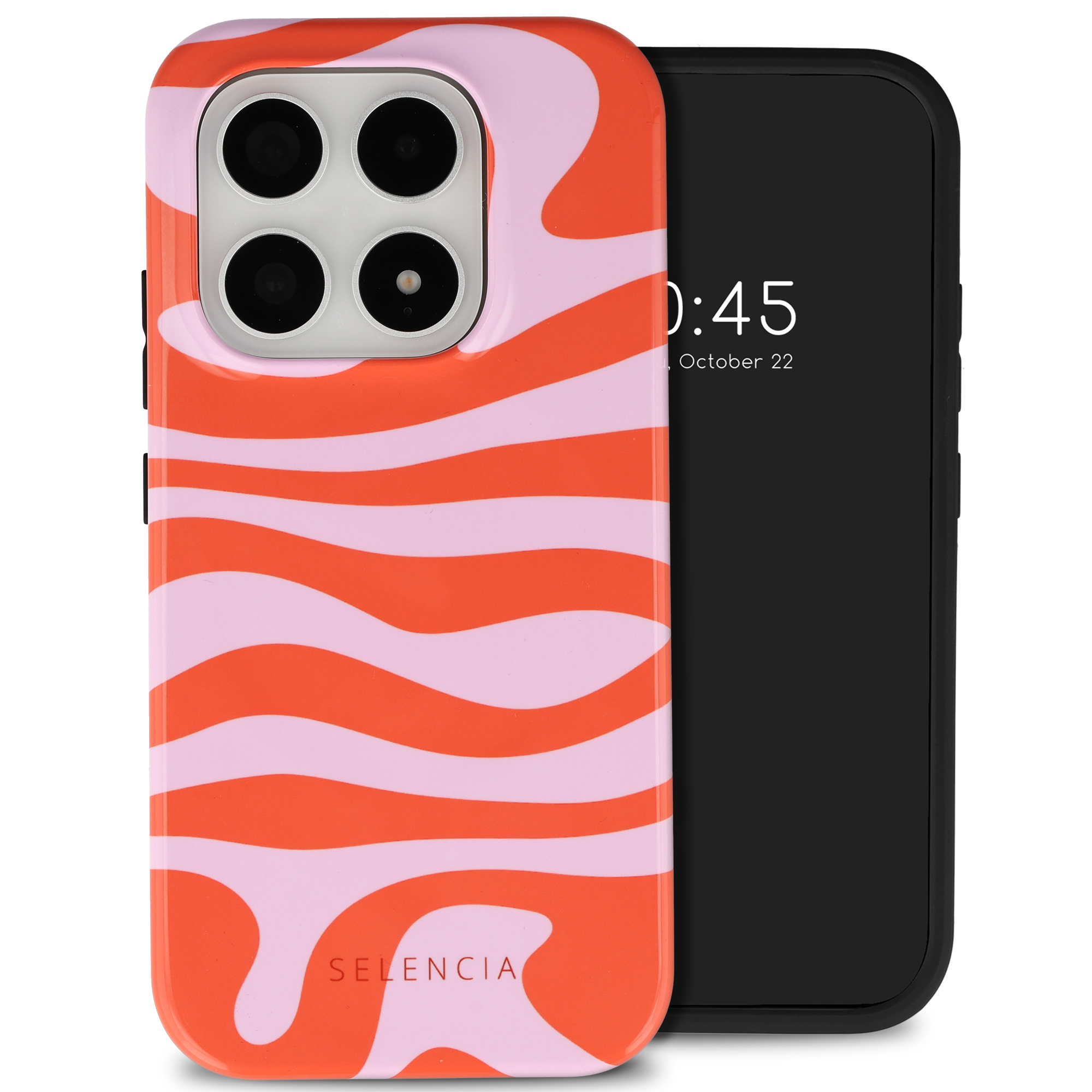 Une coque de téléphone rayée orange et rose à côté d'un téléphone noir.