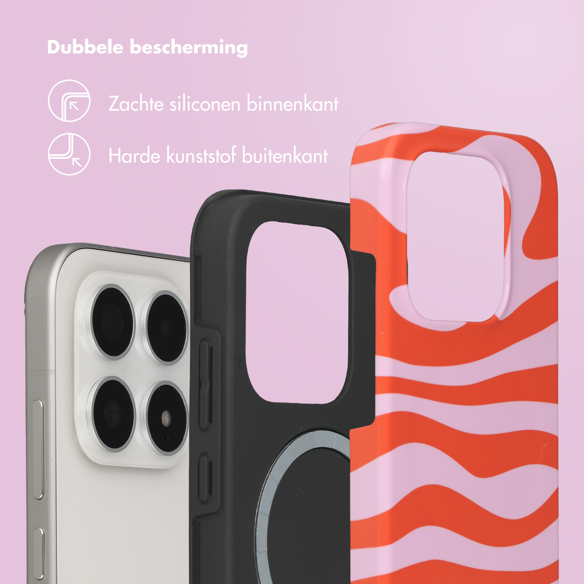 Un téléphone argenté avec deux coques, une noire et une rose/orange à rayures.