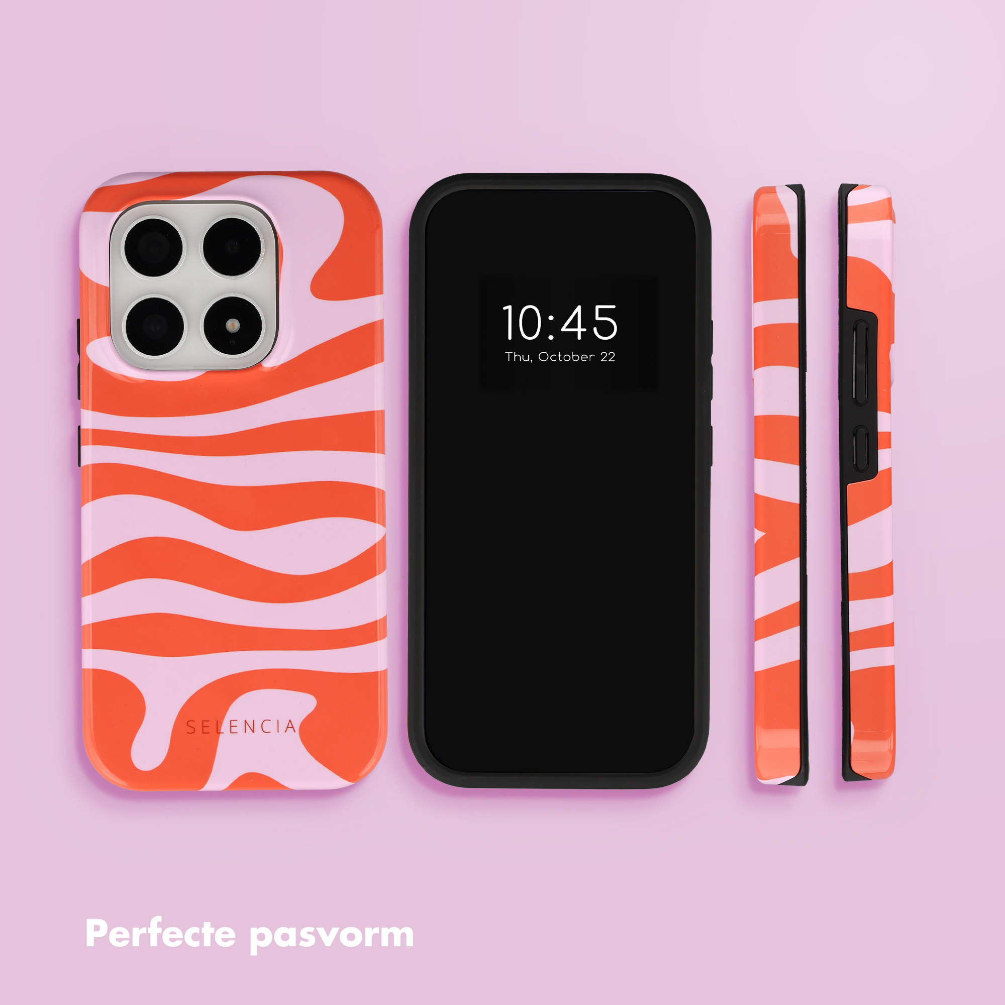 Un smartphone avec une coque à motif ondulé orange et rose.