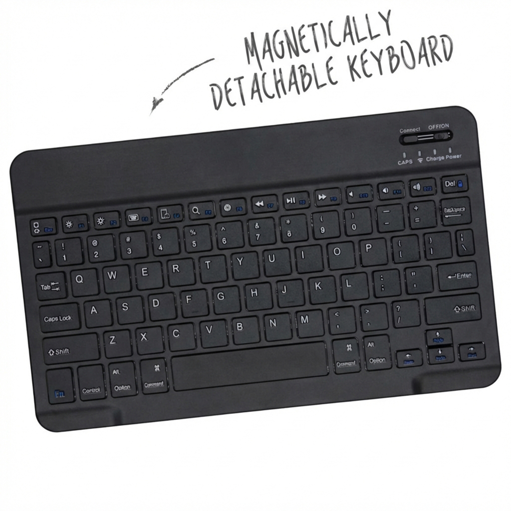 Black, magnetically detachable keyboard with QWERTZ layout and key labels.
